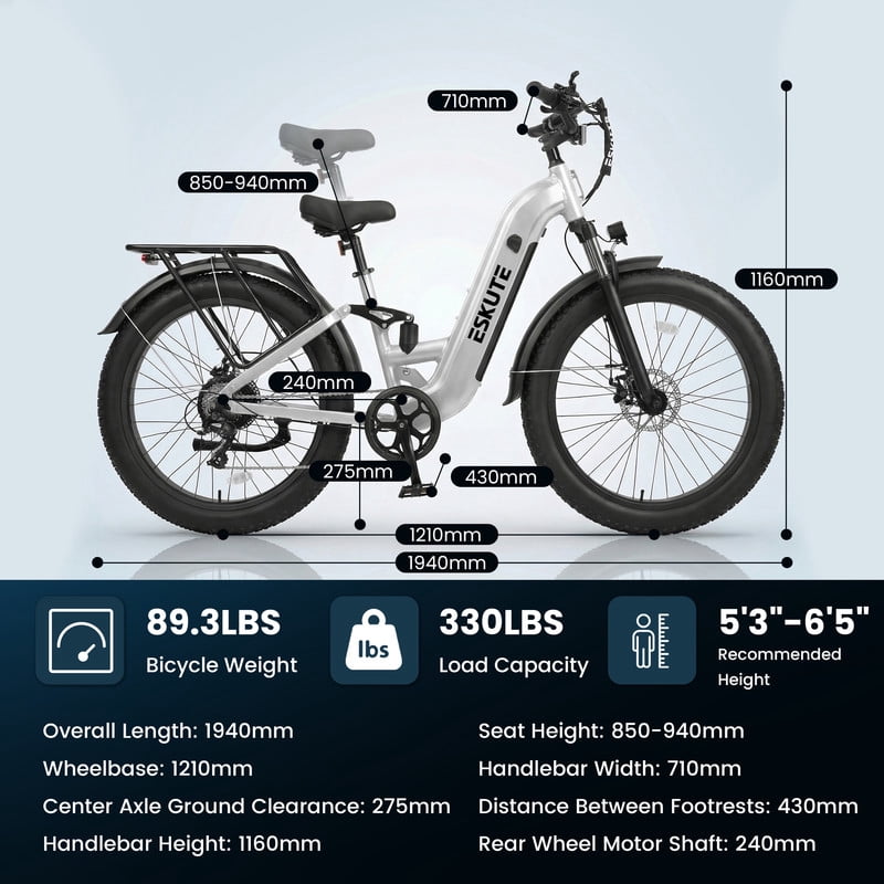 ESKUTE C300 1500W Electric Bike for Adults, 48V 20.8Ah Battery, 32MPH, 80 Miles Range, 26x4.0 Fat Tire Step-Thru Ebike, Full Suspension Electric Bicycle, 8-Speed Pink, UL2849