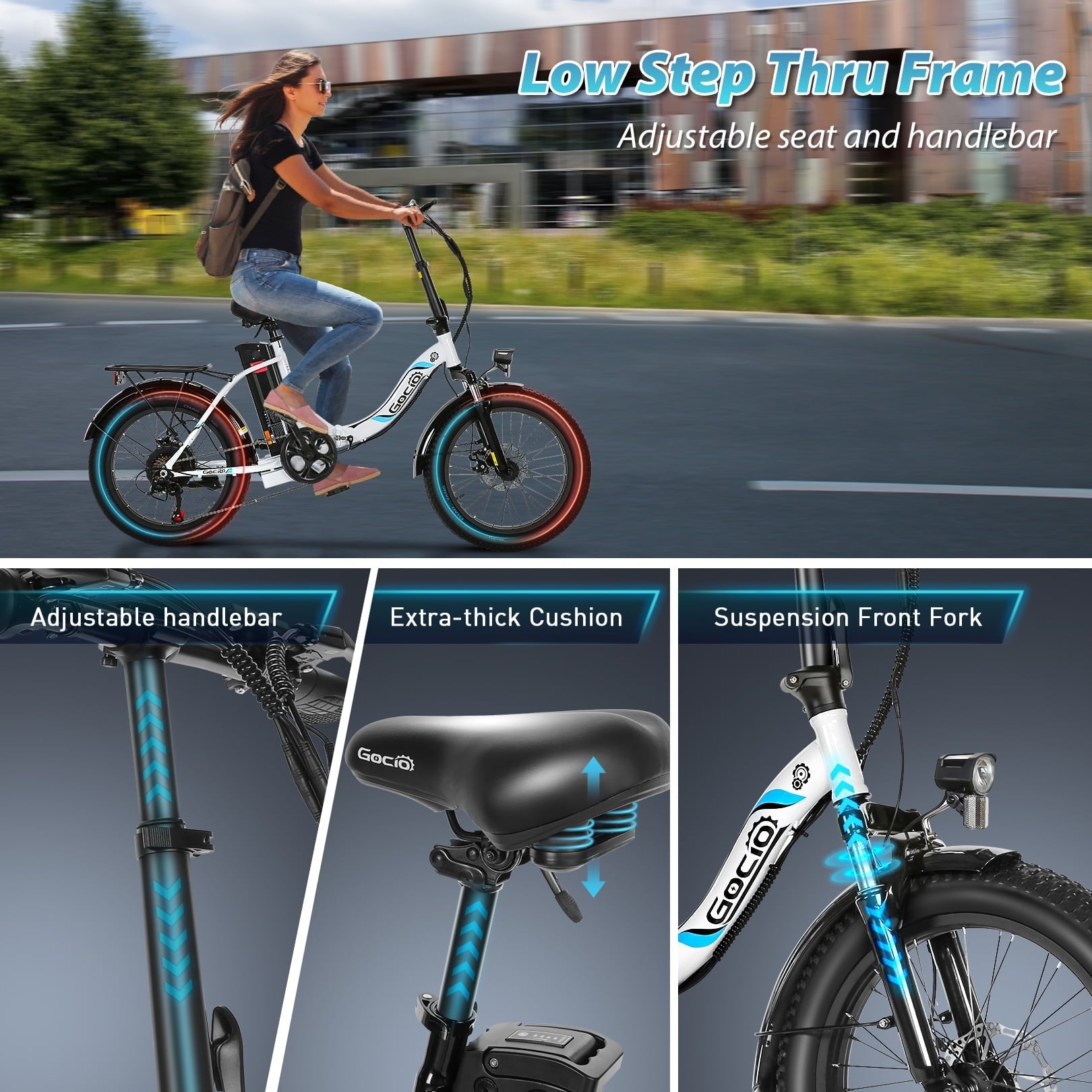 Gocio 20 Folding Electric Bike for Adults, 750W Peak Motor Fat Tire Commuter Ebike, 48V 10.4Ah Battery, 7 Speed, UL2849