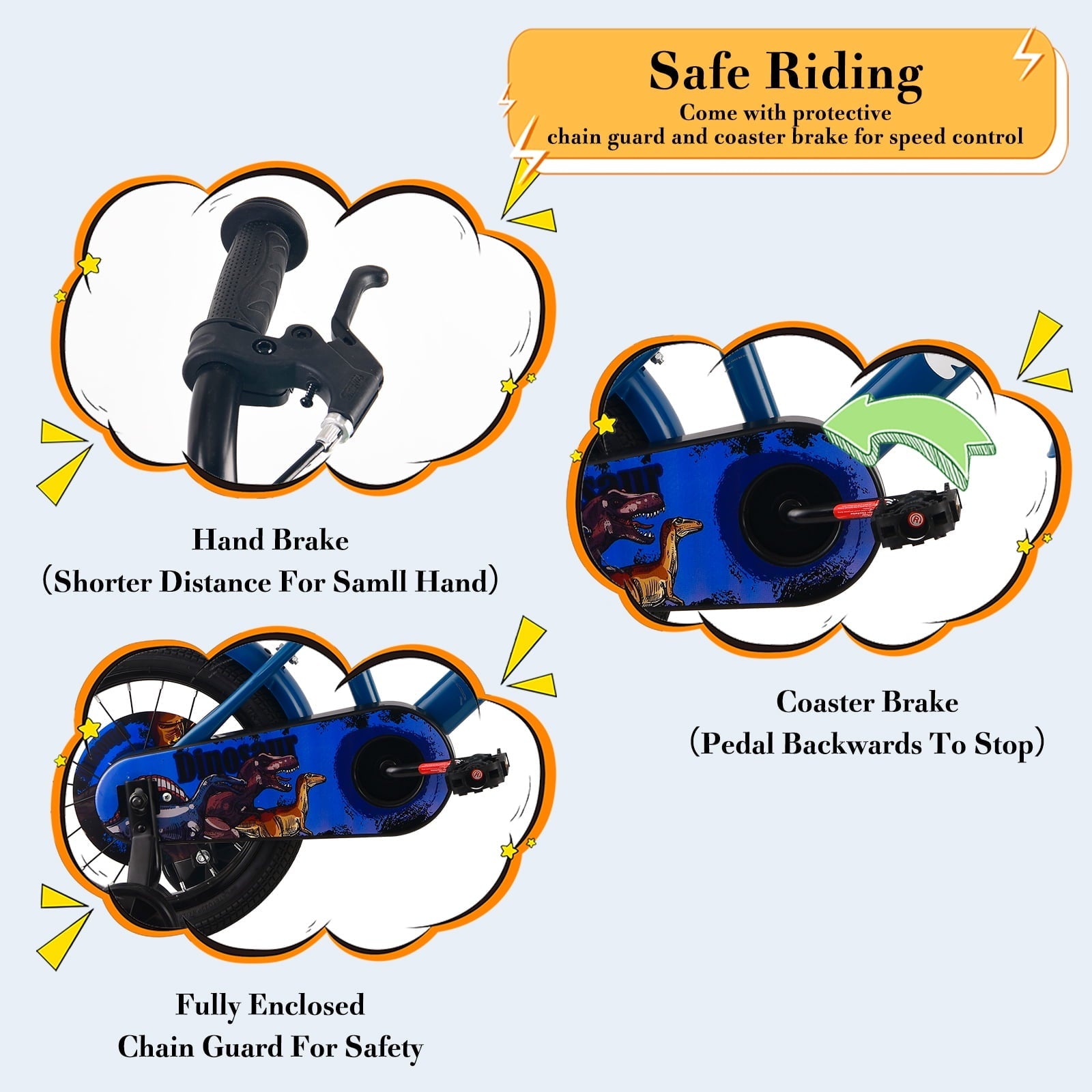 RULLY 14 Inch Dinosaur Kids Bike for Boys 3-5 Years, Bicycle with Training Wheels, Basket & Coaster Brake, Blue