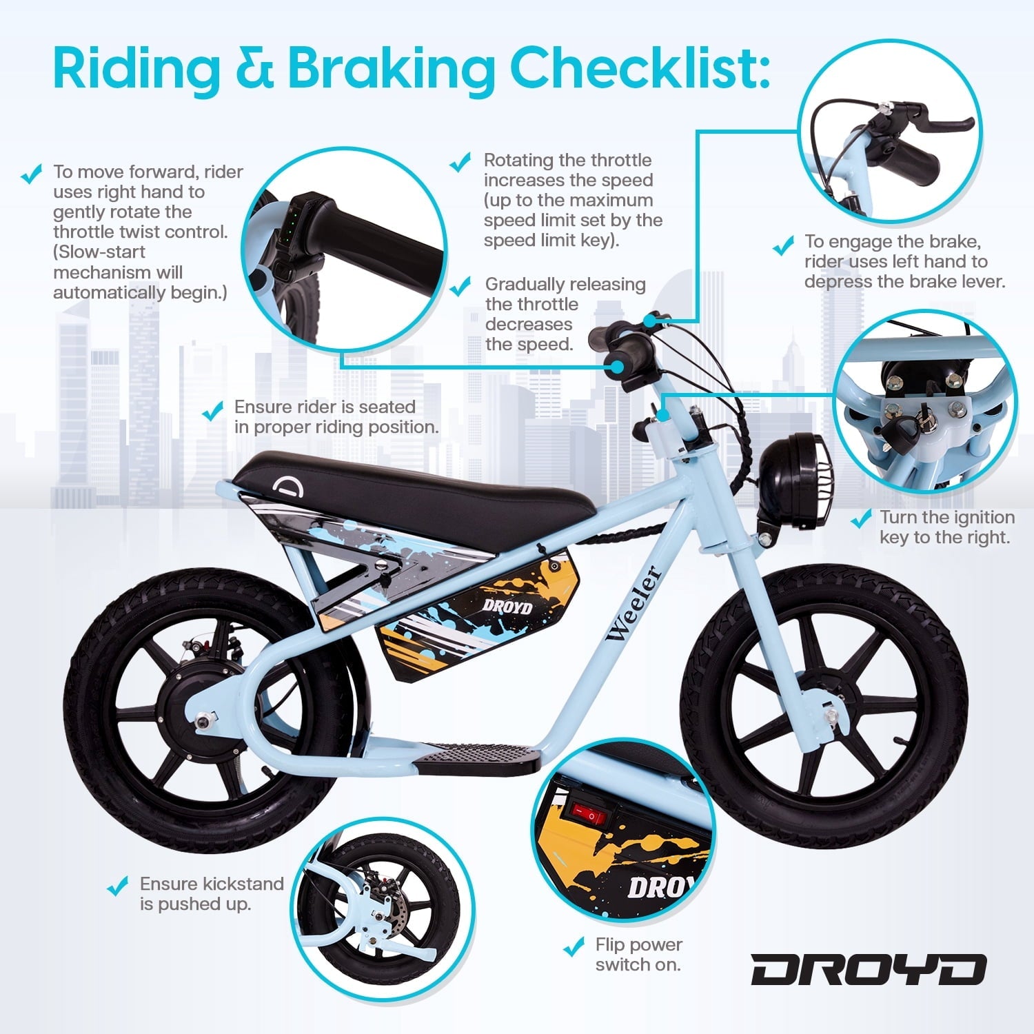 Droyd Weeler Electric Mini Bike - 24V 8Ah Battery, 6-10 MPH, Up to 8 Miles, LED Lights, Kids Ages 6+ - Blue
