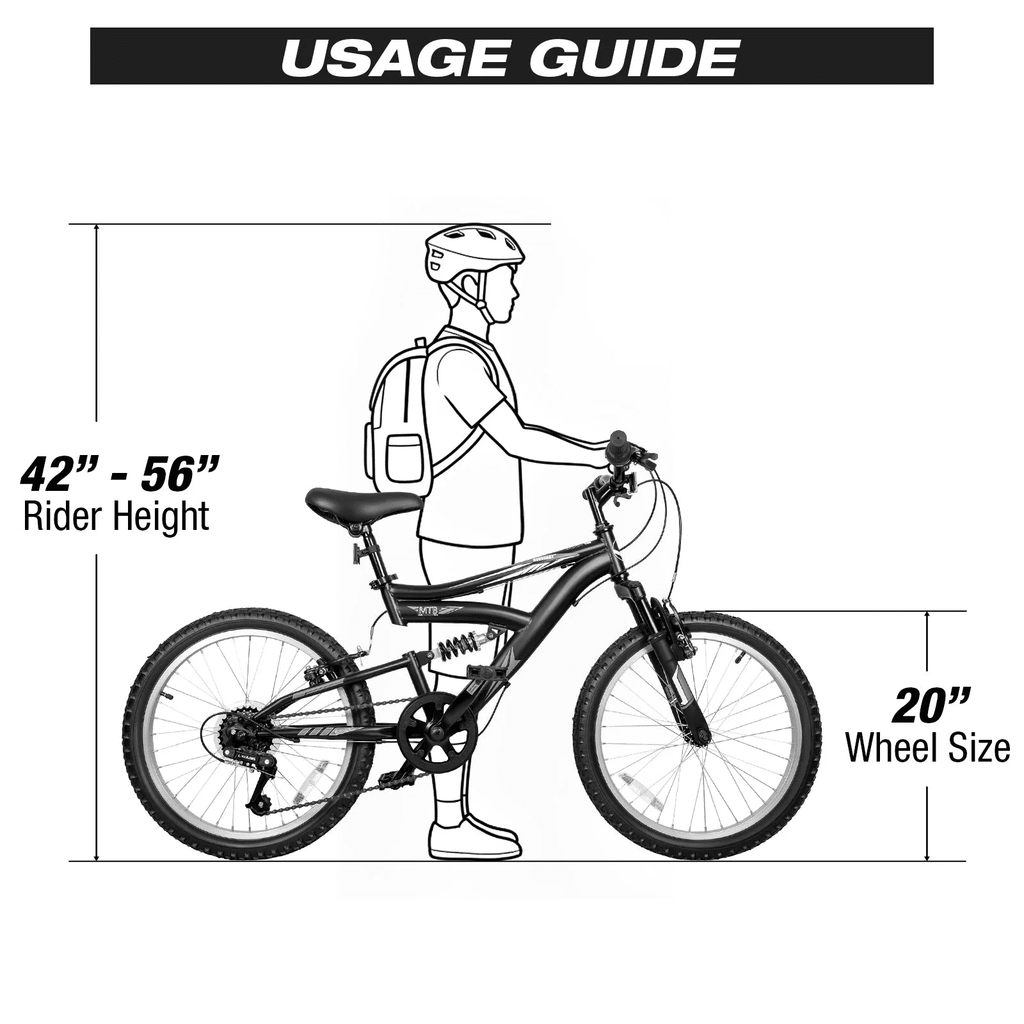 Hykolity Kids Mountain Bike 20 inch MTB Bicycle Age 6-12 Years Height 42-56 in Tween Cycling Full Suspension Sport Outdoor Bikes - Matte Black