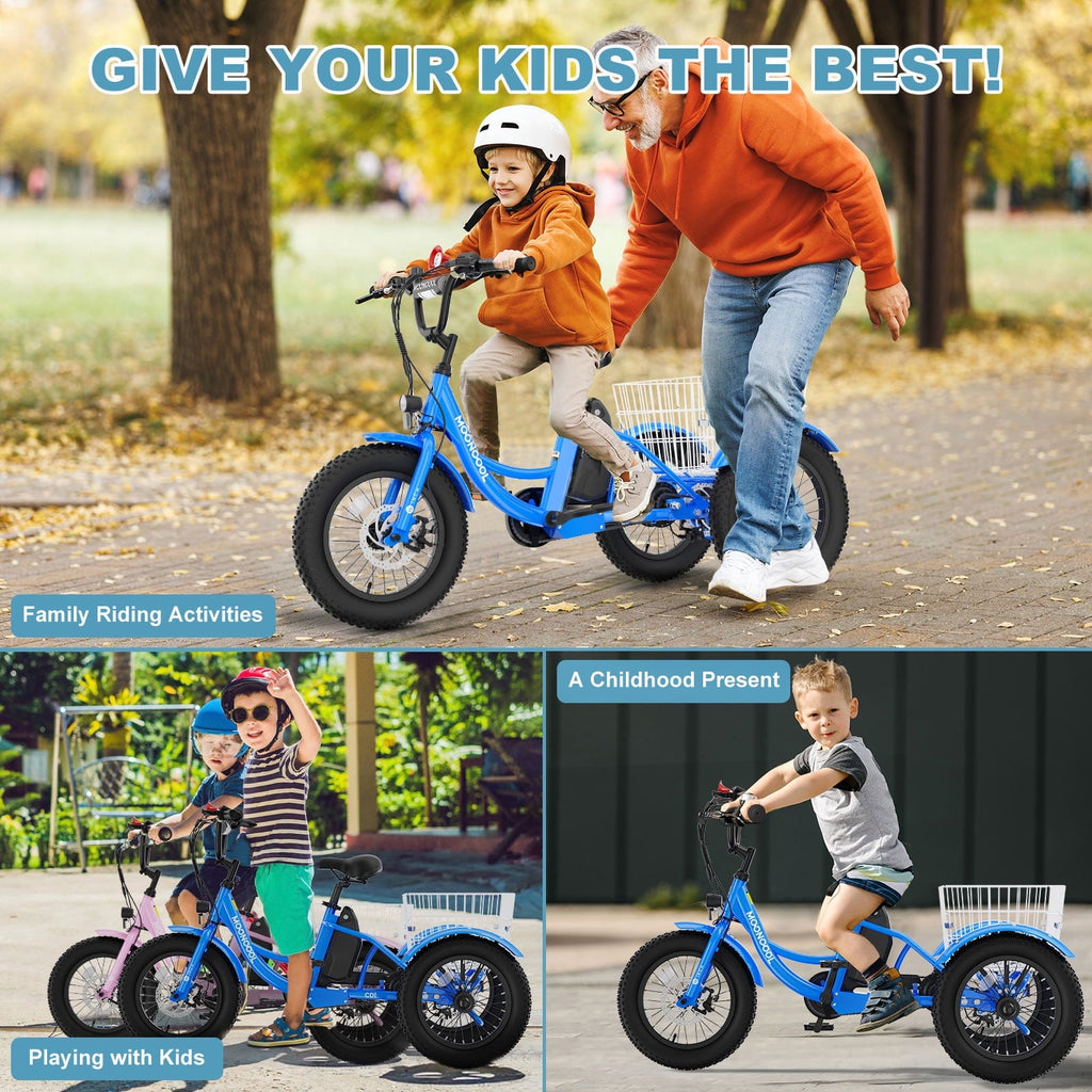 MOONCOOL Electric Tricycle for Kids ,16x3 3 Wheel 250W 10.4Ah Etrike W/ LED headlight & Rear Basket & horn bell & DIY stickers .6/9/12.5 MPH