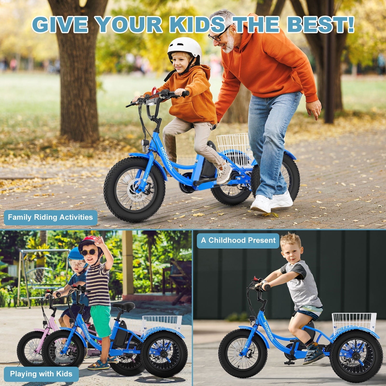 MOONCOOL Electric Tricycle for Kids ,16x3 3 Wheel 250W 10.4Ah Etrike W/ LED headlight & Rear Basket & horn bell & DIY stickers .6/9/12.5 MPH