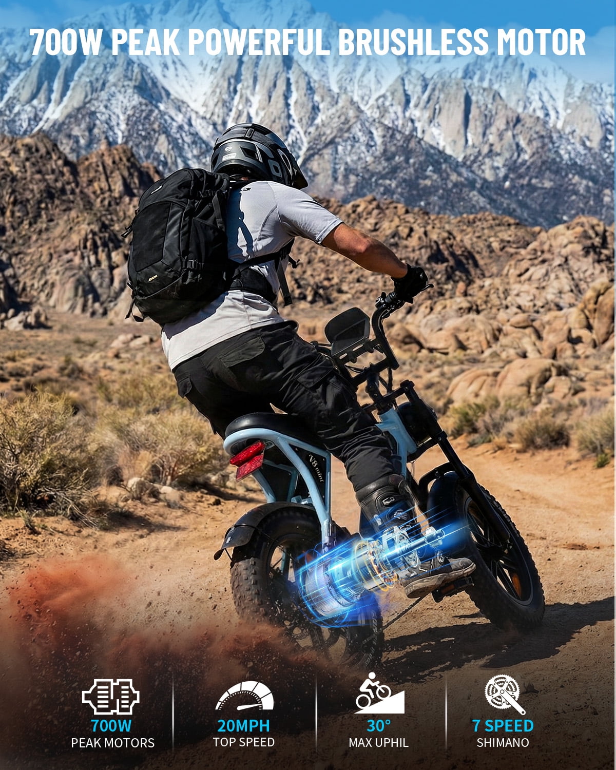 OUXI V8 Electric Bike for Adults, 20 Fat Tire Electric Mountain Bike Peak 750W, 48V 15Ah Battery, UL2849