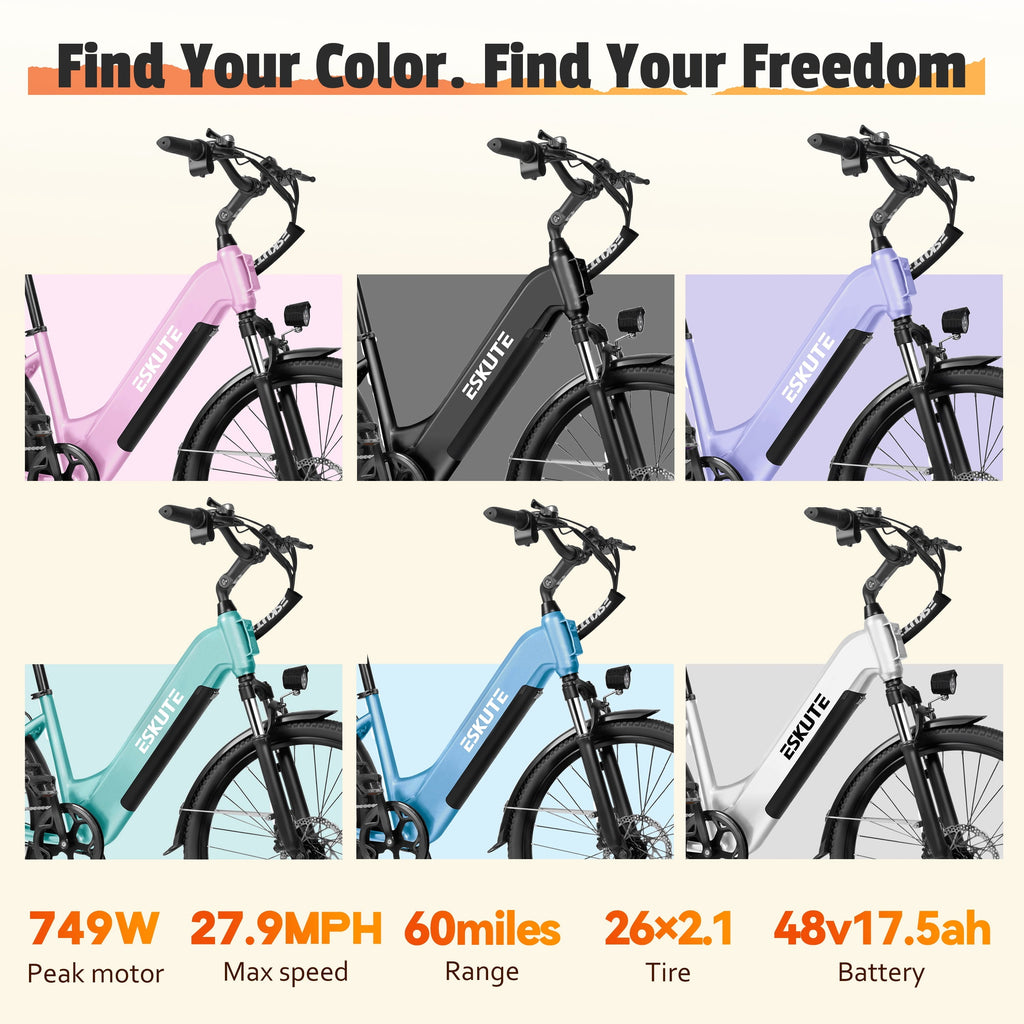 ESKUTE C200 Electric Bike for Adults, 1300W Peak Power Ebike, 28MPH Step-Thru E-Bicycle with 840Wh Removable Battery, Up to 70 Miles, 26 Tires, 7 Speed Adjustable Stem,white, UL2849