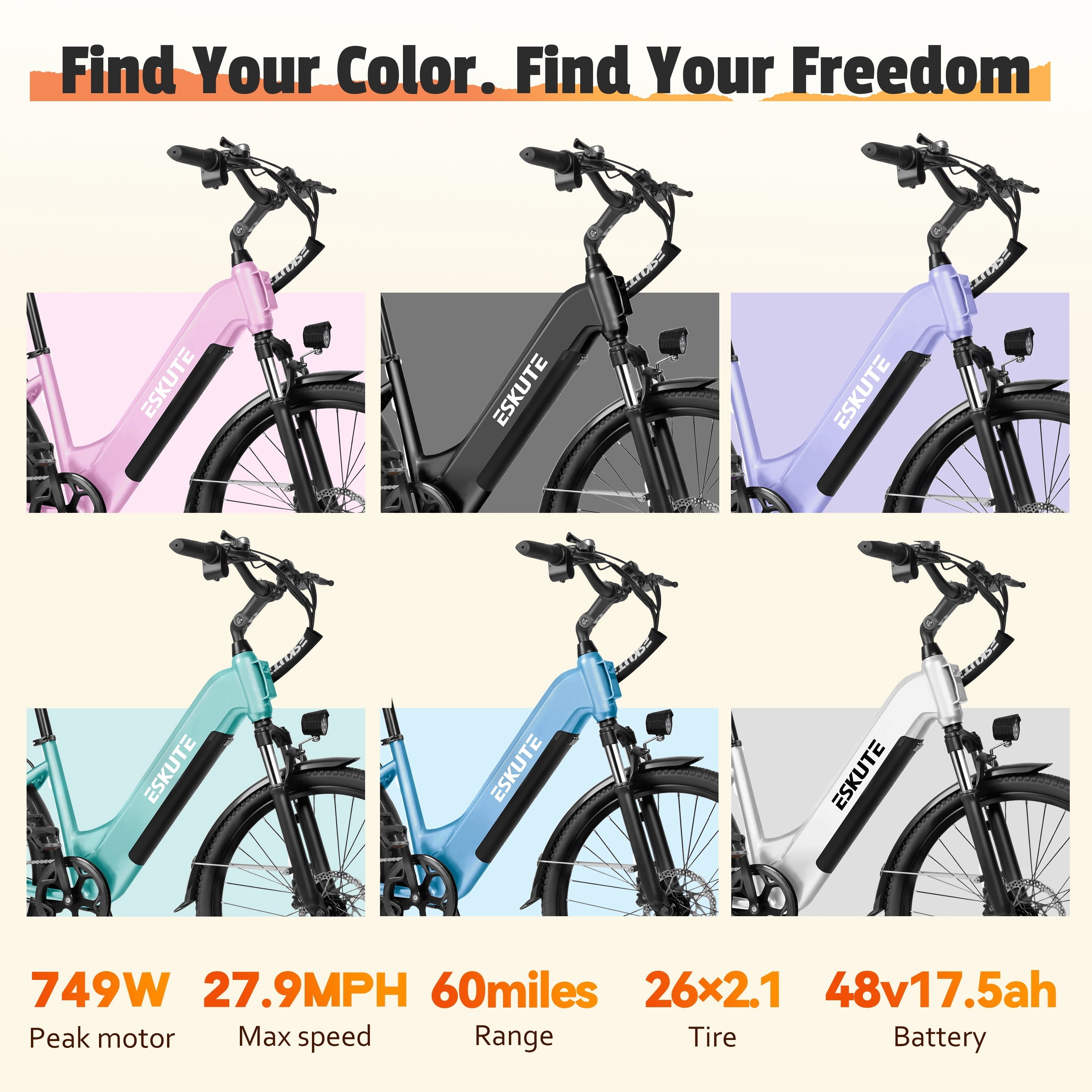 ESKUTE C200 Electric Bike for Adults, 1300W Peak Power Ebike, 28MPH Step-Thru E-Bicycle with 840Wh Removable Battery, Up to 70 Miles, 26 Tires, 7 Speed Adjustable Stem,white, UL2849