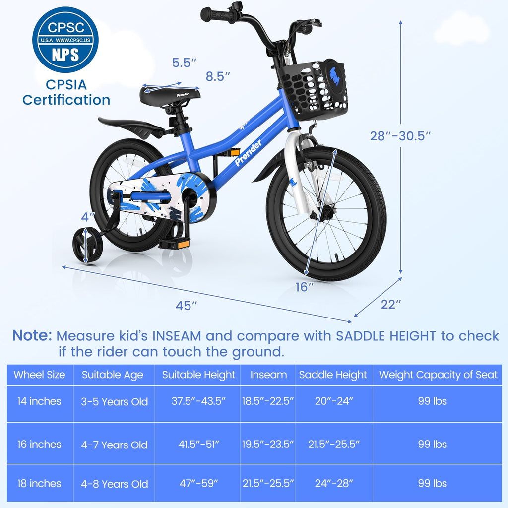 Costway 14'' Kid's Bike with Removable Training Wheels & Basket for 3-5 Years Old White
