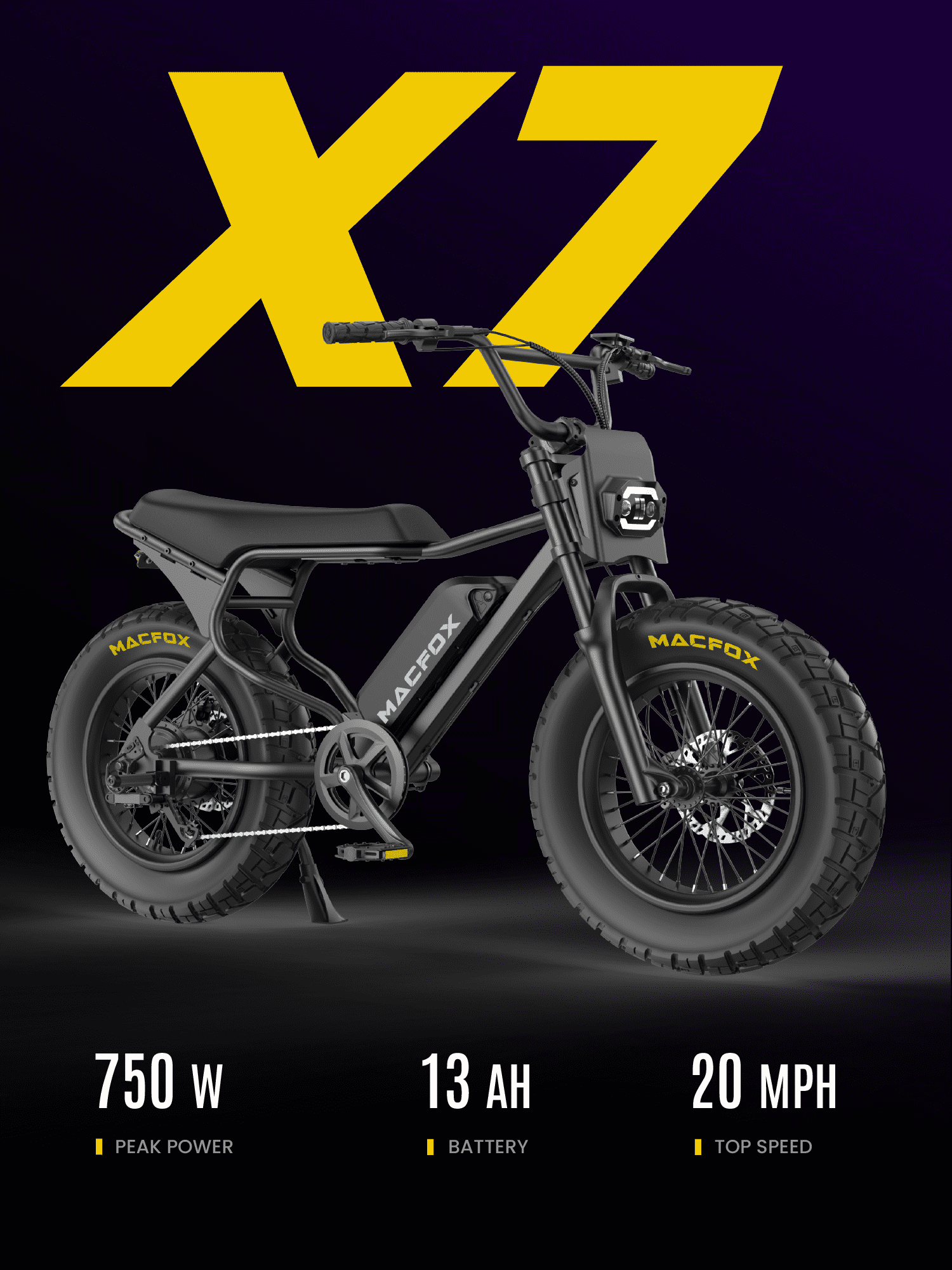 MACFOX X7 Adult Electric Bike, 750W E-Bike, 20 MPH, 48V 13Ah removable battery, 35-mile range, hydraulic brakes, upgraded 20x5.0 wide rear tire.
