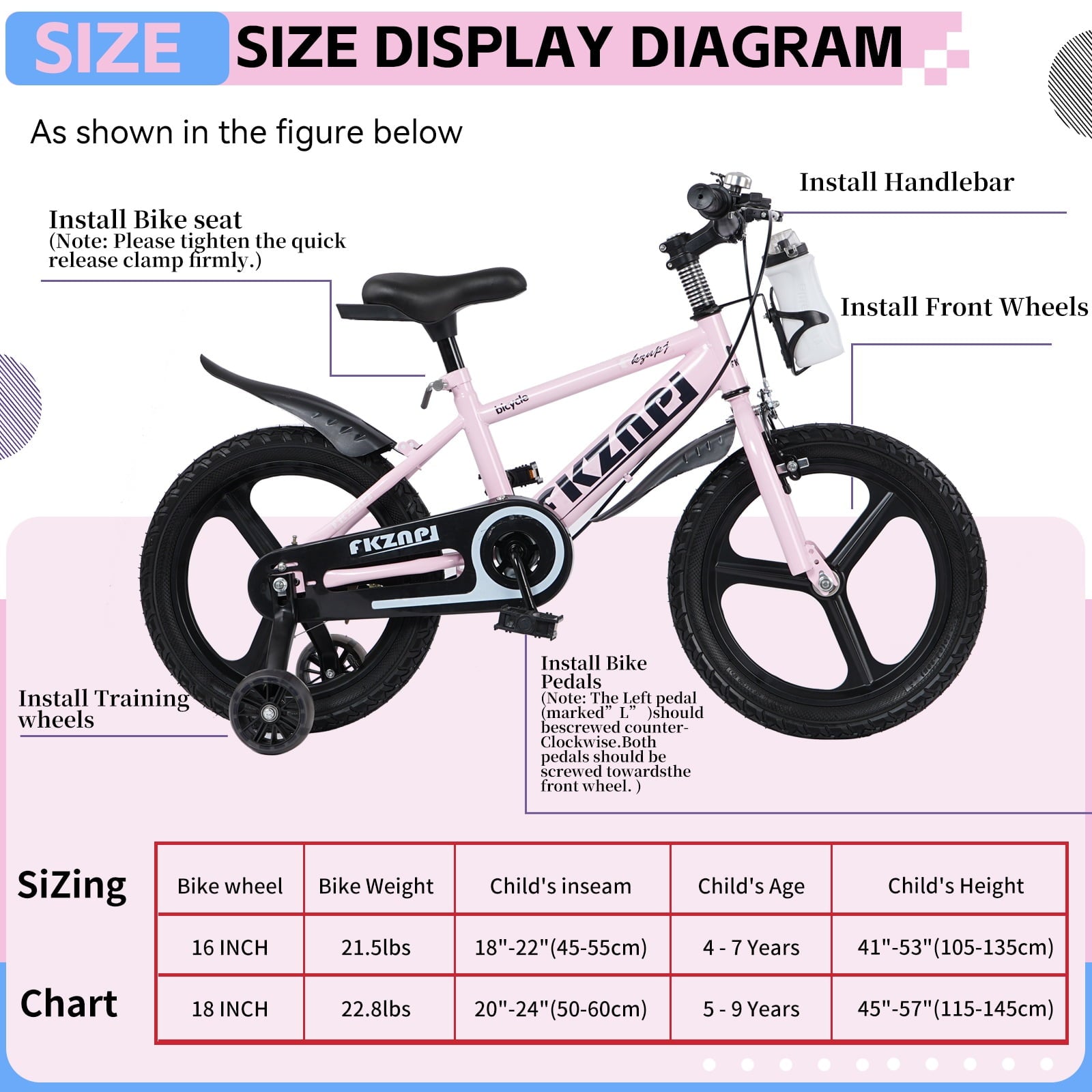 Holaki 18 inch Kids Bike with Training Wheels & Handbrake for Boys & Girls Ages 5-9, High Carbon Steel Frame Adjustable Seat Kids Bicycle with Kettle Stand & Night Glow for Birthday Gift, Purple