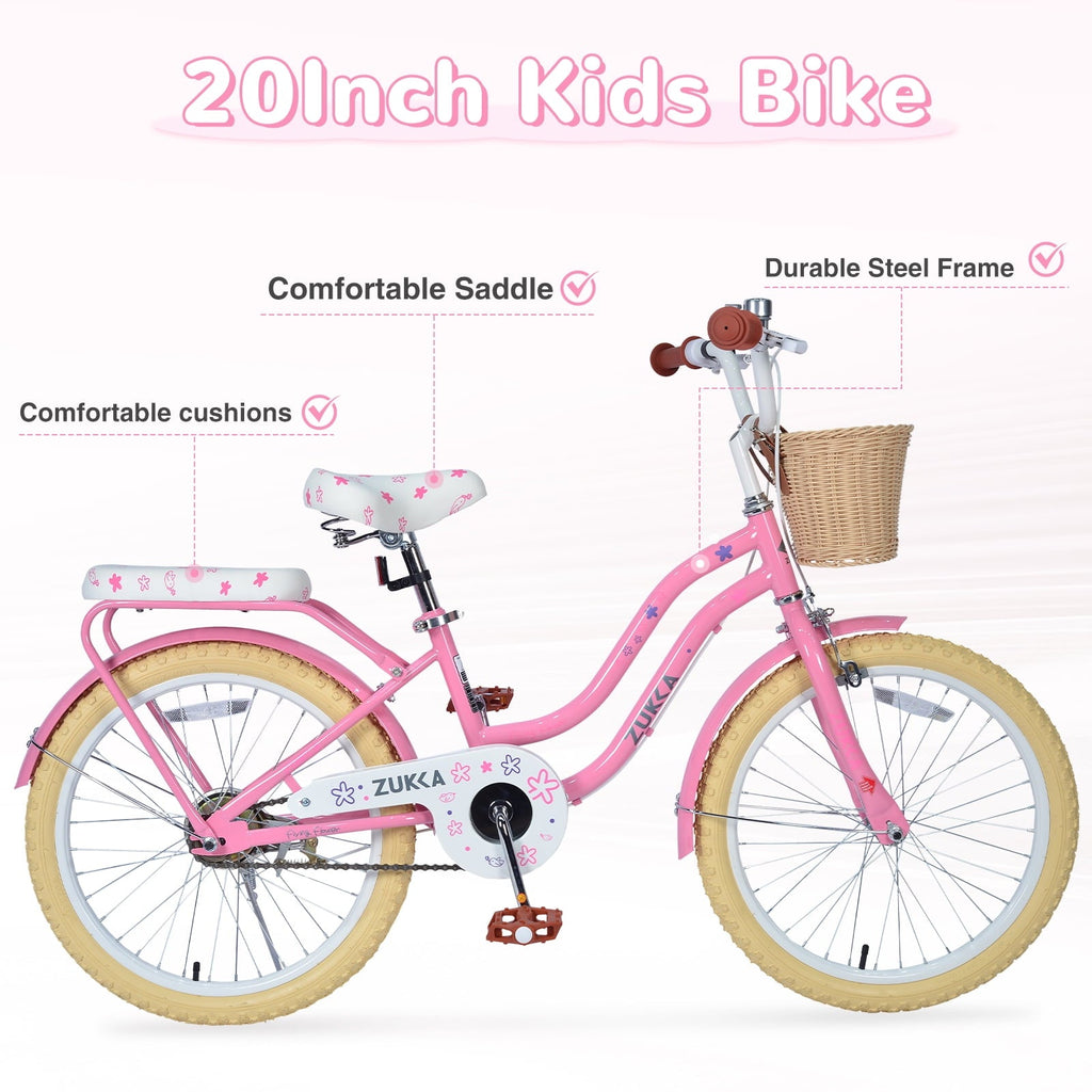 20 inch Girls Bike for 7-10 Years Old Kids, SHINPT Kids Bicycle with Basket & Lightweight, Comfortable City Bikes with Rear Rack and Basket, Pink