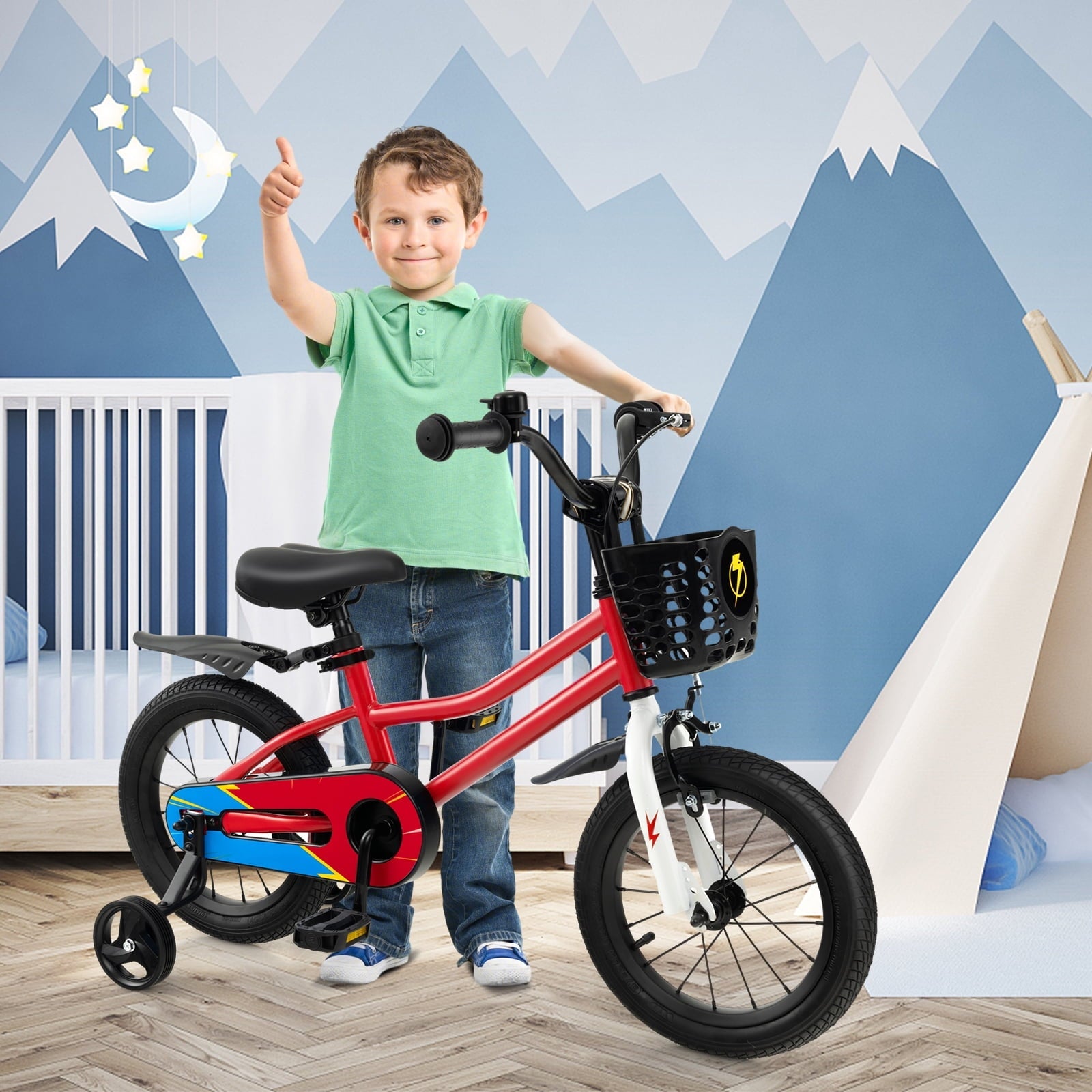 Costway 14'' Kid's Bike with Removable Training Wheels & Basket for 3-5 Years Old Blue