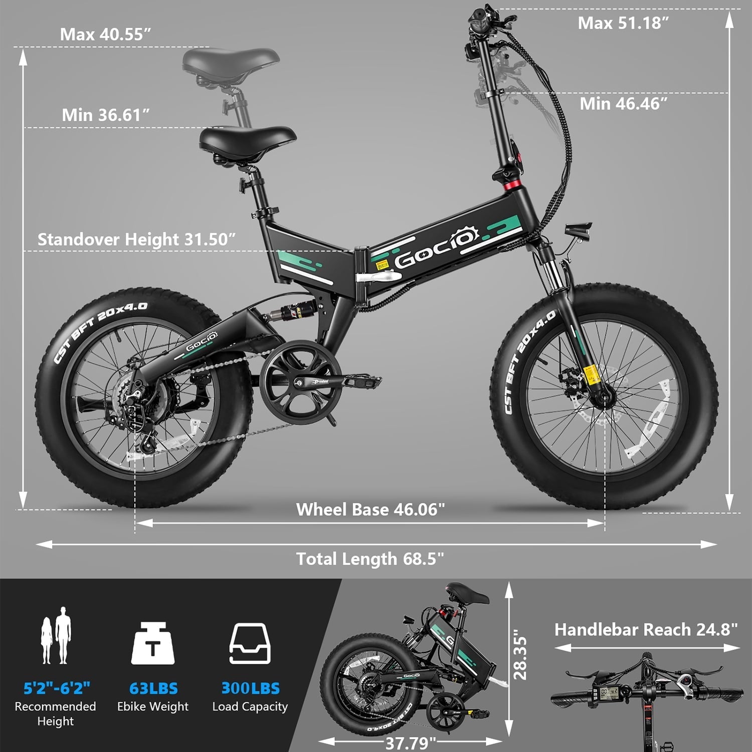 Gocio Foldable Electric Bikes Adult 20x4 Fat Tire Electric Bike, 48V 10.4Ah, 500W Electric Mountain Bike Full Suspension, LCD, Shimano 7 Speed Electric Cruiser Bicycle UL2849 Certified