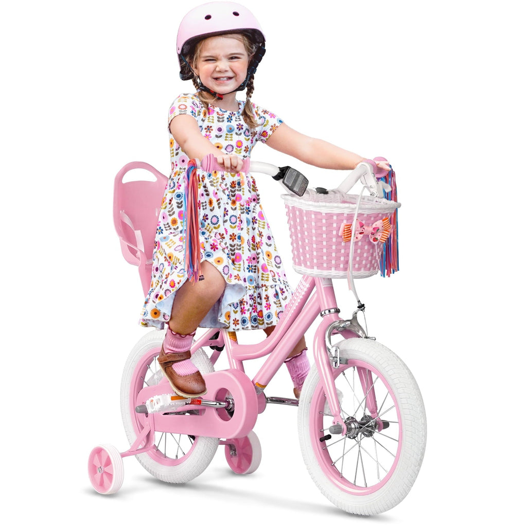 XJD Girls Bike for Toddlers 3-9 Years Old Kids, 16 Inch Kids Bike with Training Wheels, Streamers, Basket and Doll Seat, Children Bicycles with Handbrake