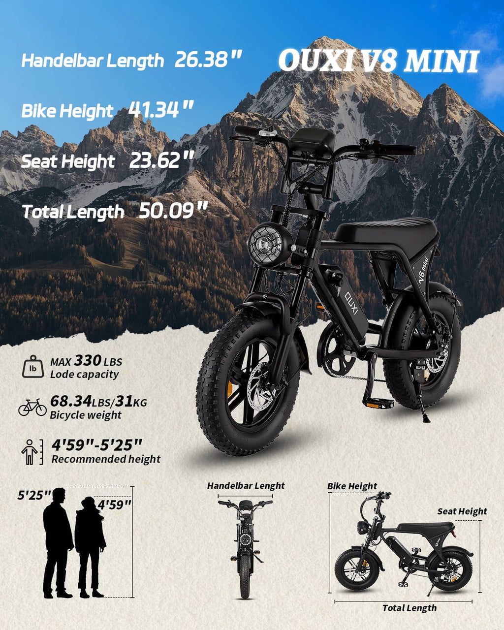 OUXI V8 Electric Bike for Adults, 20 Fat Tire Electric Mountain Bike Peak 750W, 48V 15Ah Battery, UL2849