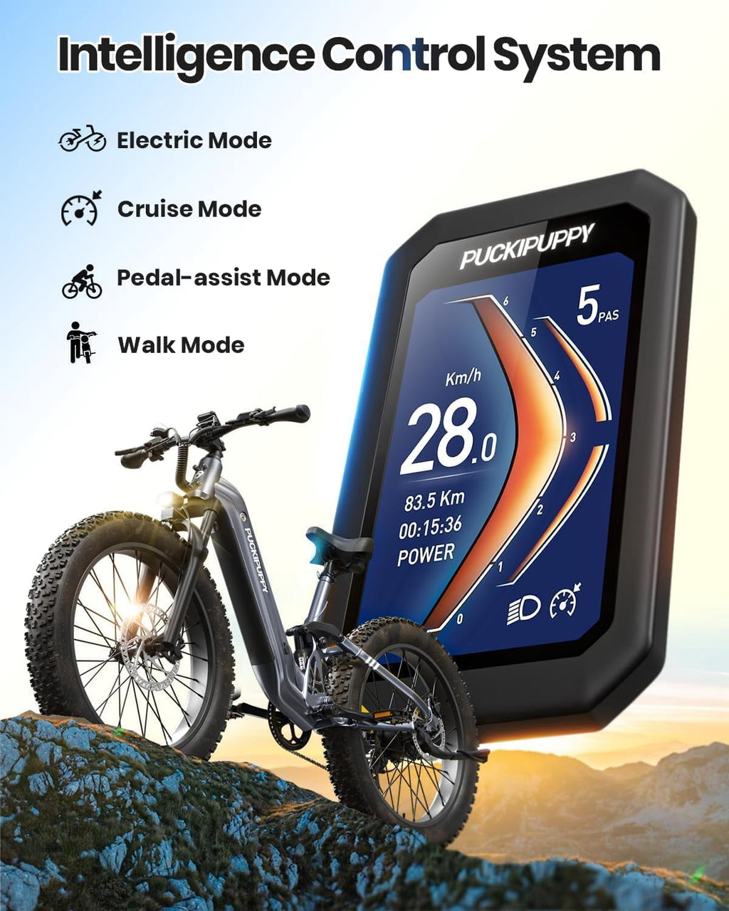 PUCKIPUPPY Electric Bikes for Adults 26 Step-Thru Ebikes 960W Peak Motor 80Miles Range 28mph Max Speed 48V 20AH Battery Full Suspension Fat Tire Mountain E Bike 7 Speed, Comply with UL2849 By SGS