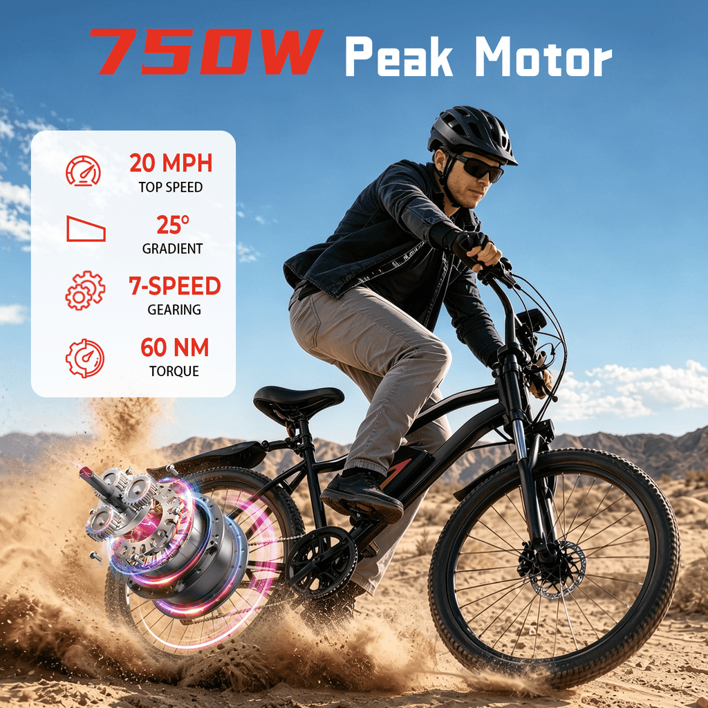 iSinwheel 750W Peak Electric Bike Adult,26 Mountain Bicycle Professional,Front Dual Shock Absorption Ebike,Up 20MPH,55 Miles,35 Speed,42V 13AH Removable Battery,Black
