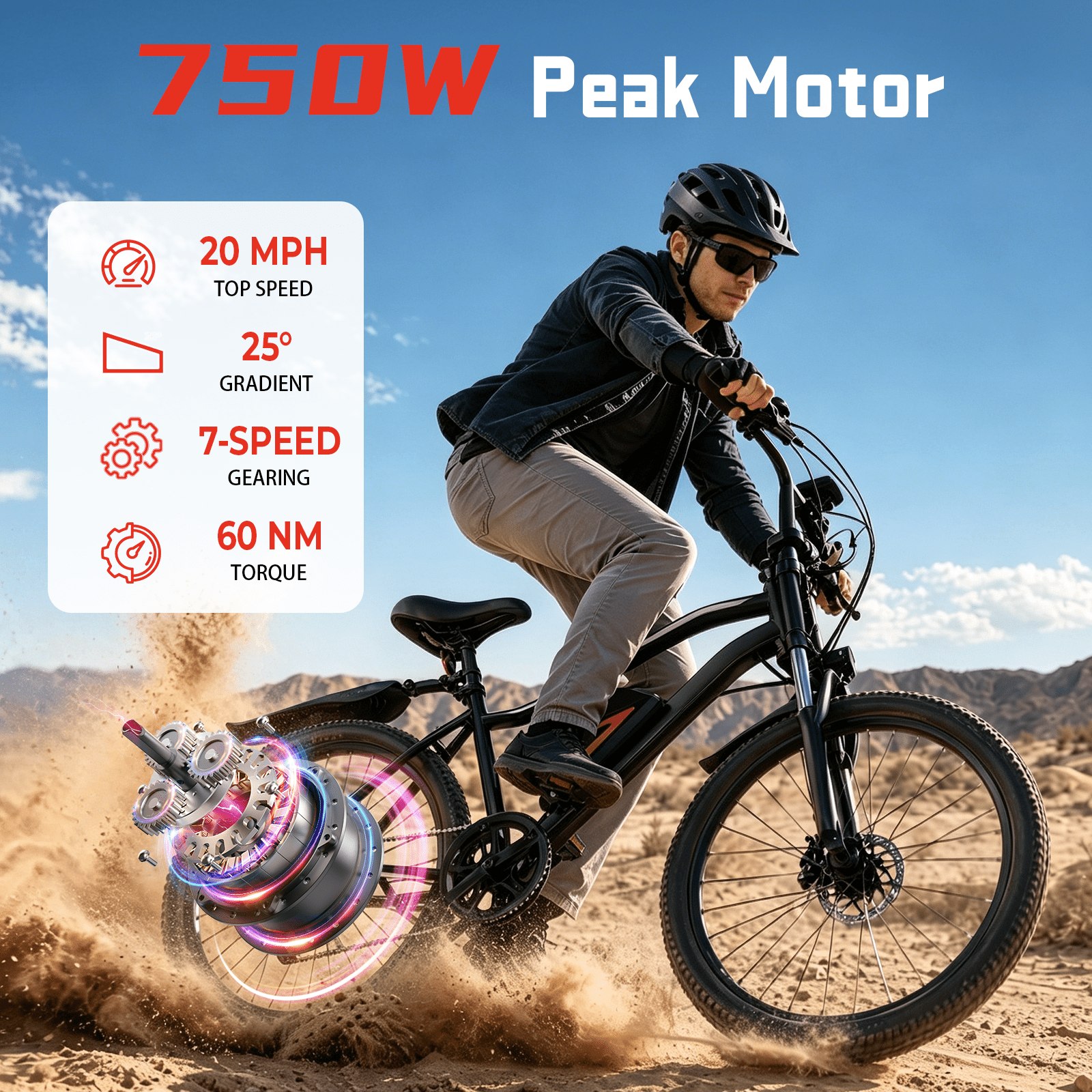 iSinwheel 750W Peak Electric Bike Adult,26 Mountain Bicycle Professional,Front Dual Shock Absorption Ebike,Up 20MPH,55 Miles,35 Speed,42V 13AH Removable Battery,Black