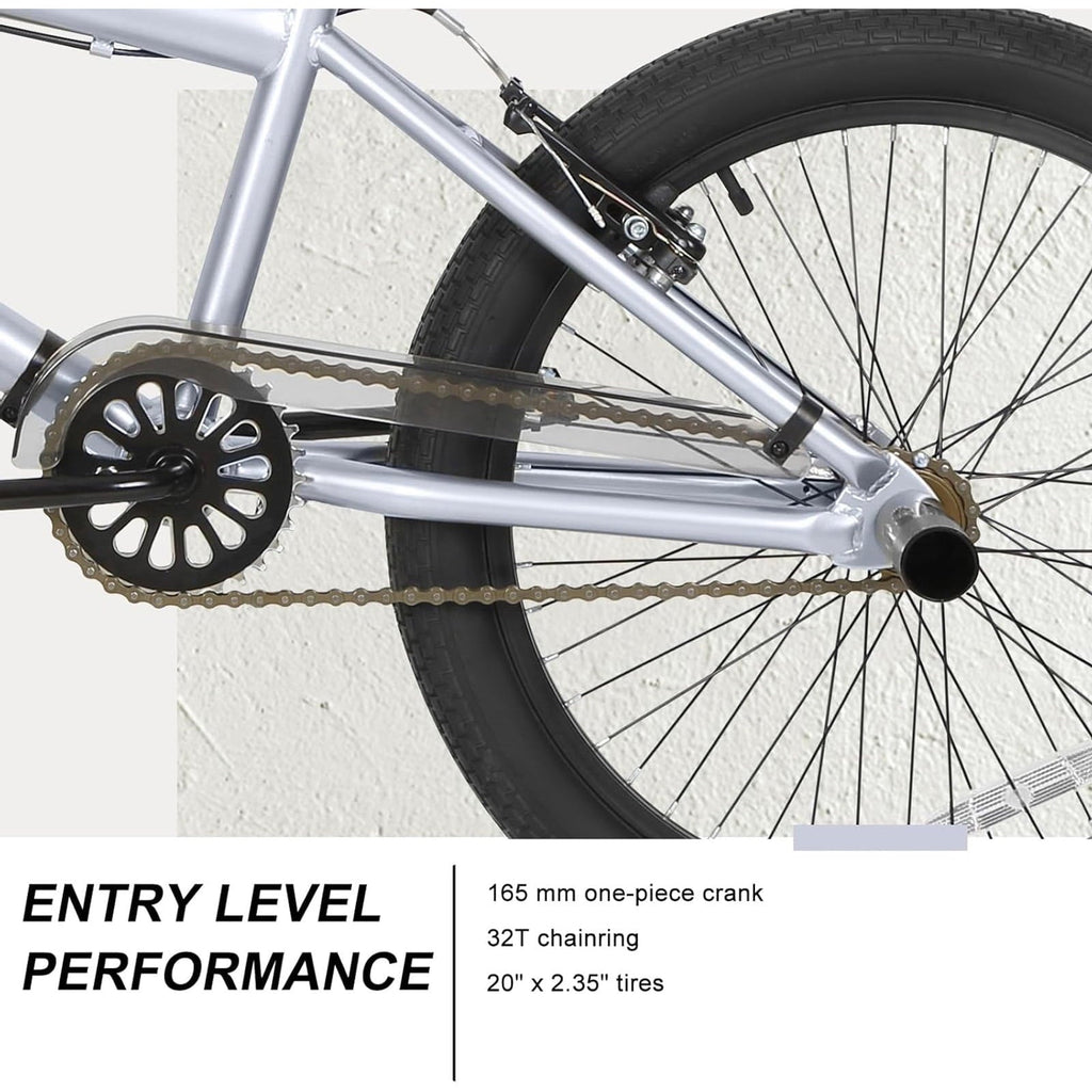 Hykolity 20 inch BMX Bike Freestyle Cycling Trick Bicycle with 4 Pegs for Teenage Adults Men Women Beginners Street Stunt Bike V-Brake Silver