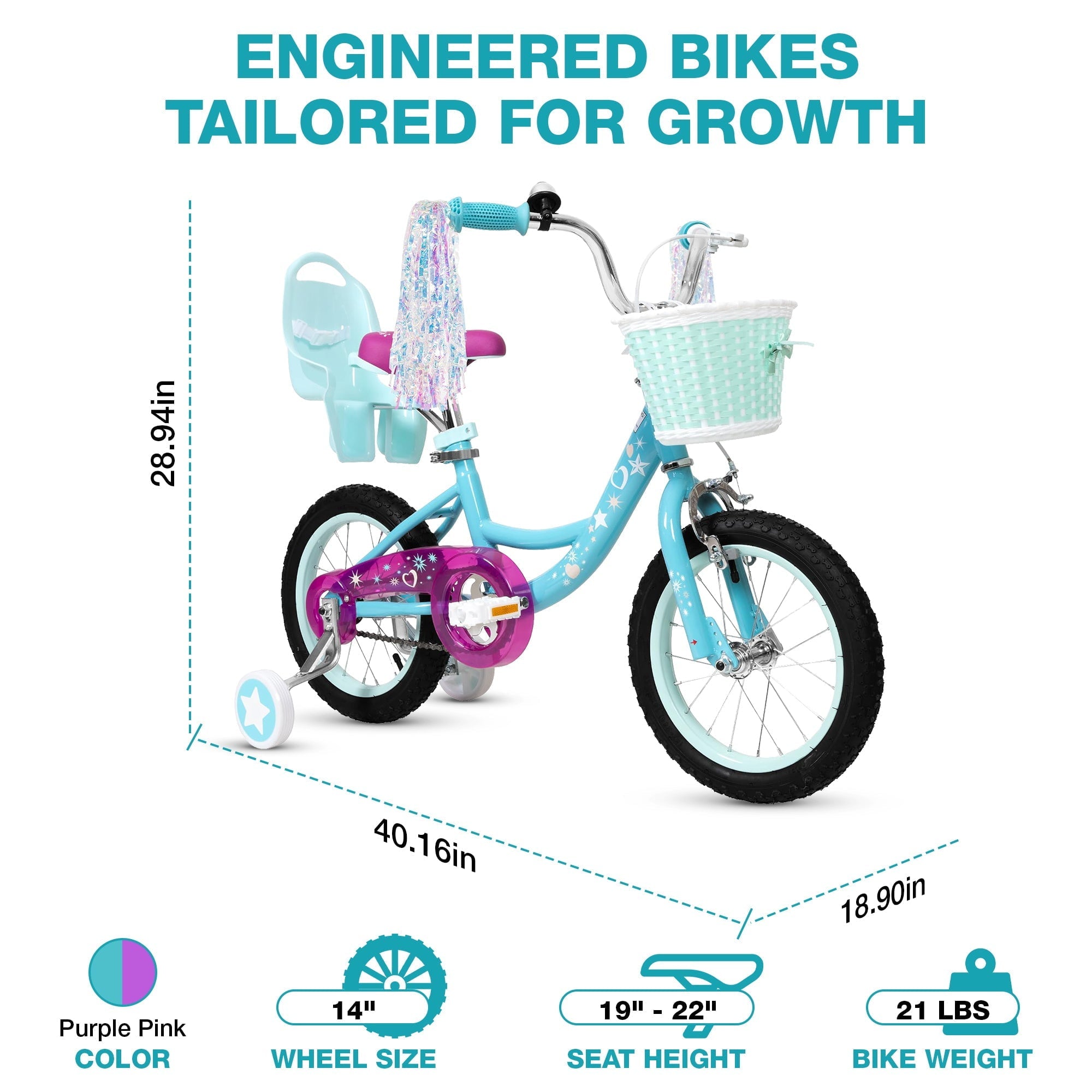 Hykolity 14 inch Girls Bike Princess Bicycle for Age 3-5 Years Old Rider Height 35-47 inch includes Training Wheel Basket Doll Seat Aqua Blue