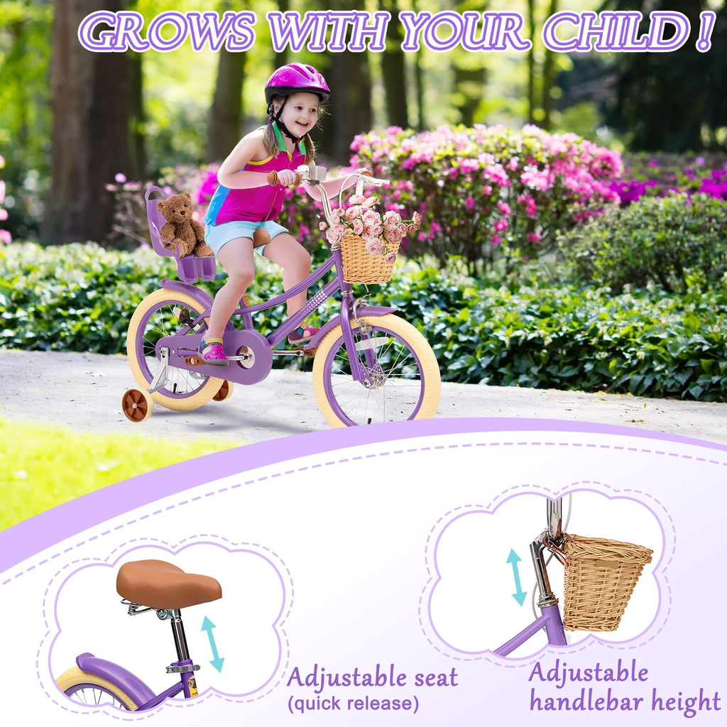 KORIMEFA Girl Bike for Toddlers and Kids Ages 3-6 Years Old, 12 inch Kids Bike with Training Wheels & Basket, 12 in Girl Bicycle with Handbrake & Kickstand