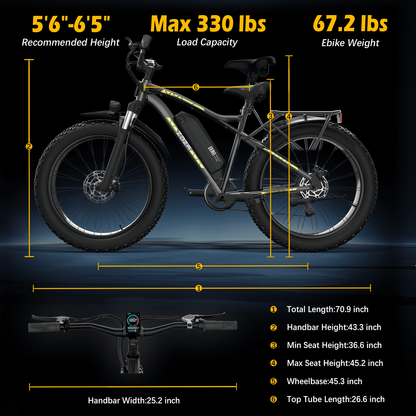 ZDZA Electric Bike for Adults, Peak 1500W Motor E-Mountain Bicycle, 26 Fat Tire 28mph Ebike, 48V 15Ah Removable, Dual Suspension with Shelf UL2849, Black