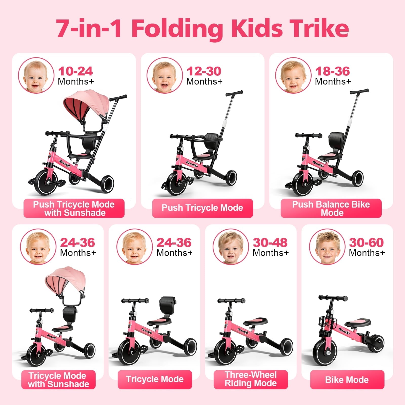 WLRETMCI 7 in 1 Toddler Bike, Tricycle for Toddlers 1-5 Year Old with UV Canopy, Balance Bike with Parental Control Handle, Adjustable Seat Height, Removable Pedal, Backrest (Pink)
