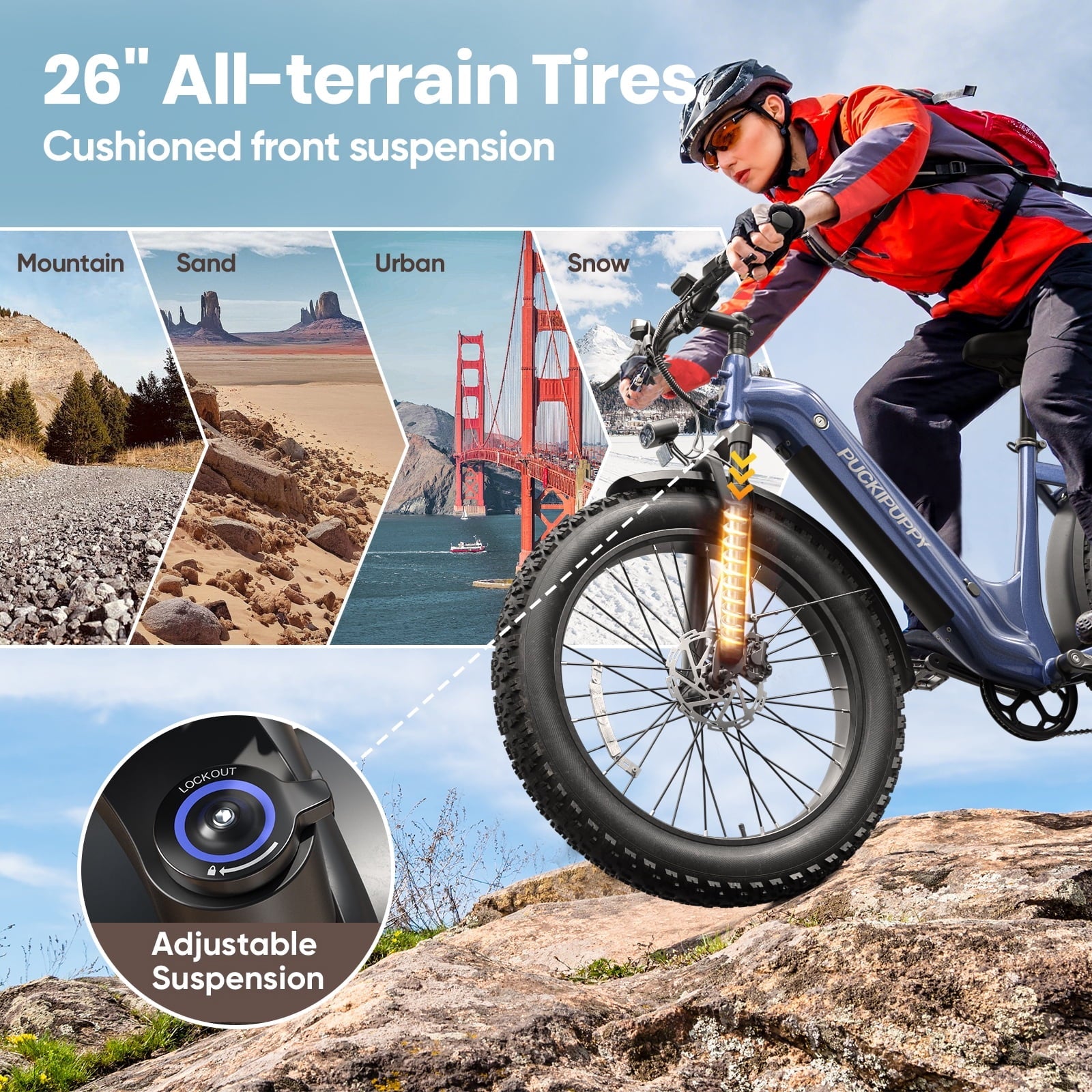 PUCKIPUPPY 960W Peak Electric Bike for Adults Step Through E-Bike 28mph Max Speed 60Miles Range 26 Fat Tire Electric Mountain Bike 48V 15AH Battery 7 Speed off-Road Ebike, Comply with UL2849 By SGS