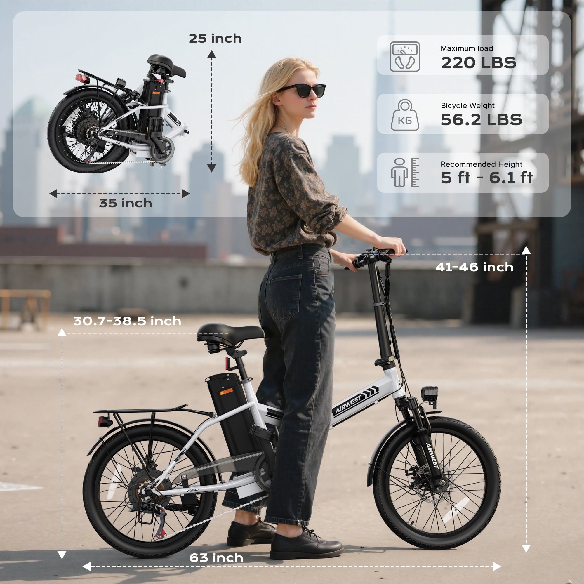 AIRWEST Electric Bike, 20 Folding Ebike for Adults, Peak 750W 20MPH Commuter E Bike with 48V 7.8AH Battery&7 Speed Gear & Dual Disc Brake & Front Suspension, 40 Miles Range (UL2849)