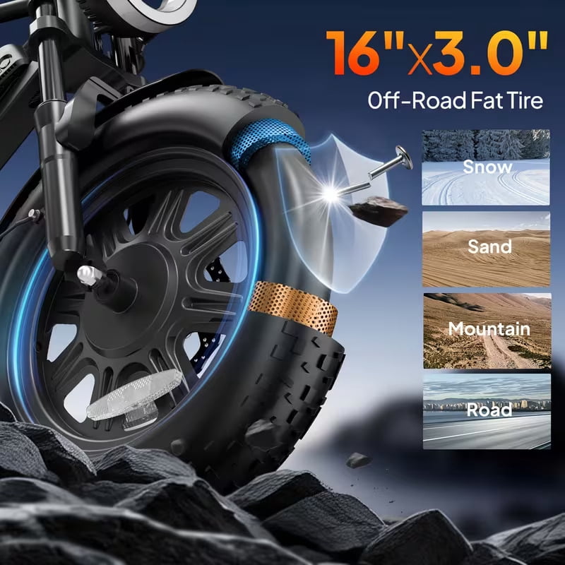 URLIFE 16*3.0 Fat Tire Electric Bike for Adult, 1000W Peak Motor, 48V 13Hh Removable Battery, Up to 28MPH 80Miles Range, Electric Dirt/Mountain Bike-UL2849