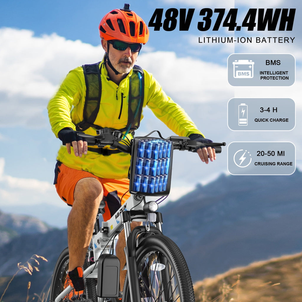 VARUN Electric Bike, 26 Foldable Ebike, Peak 750W Motor, 48V 374.4Wh Battery, up to 20+mph 50 Miles, 7 Speeds with Bike Pump, Phone Holder & Bike Lock & Rear Light, E Bike for Adult, UL2849(Black)