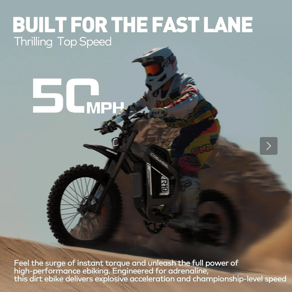 Electric Bike for Adult,Electric Mountain Bike,Coswheel R19 Ebike with 6000W Peak Motor,50 Mph Speed,72V 40AH Battery,Hydraulic Brakes & Full Shock Absorption,Electric Dirt Bike for Outdoor Adventure