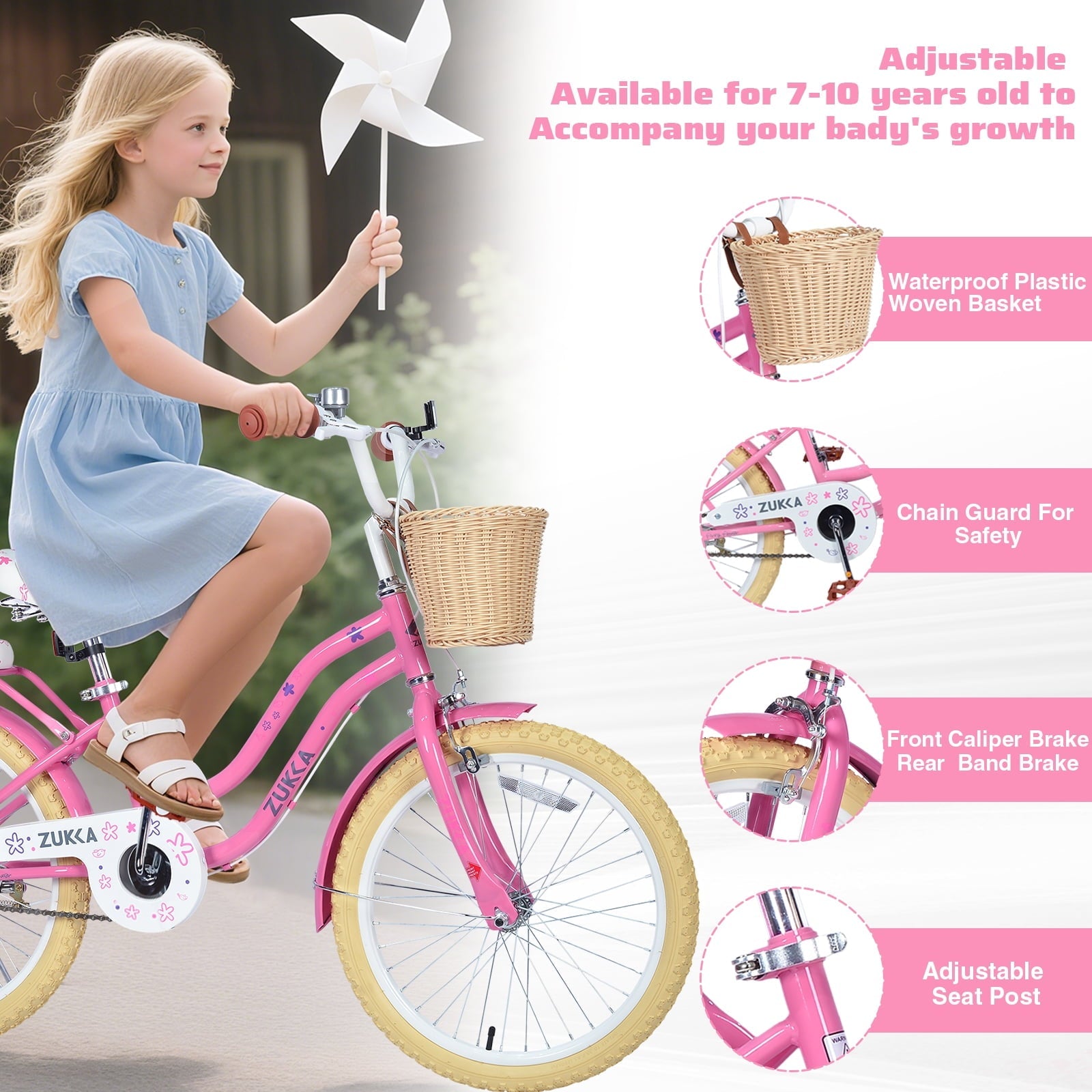 20 inch Girls Bike for 7-10 Years Old Kids, SHINPT Kids Bicycle with Basket & Lightweight, Comfortable City Bikes with Rear Rack and Basket, Pink