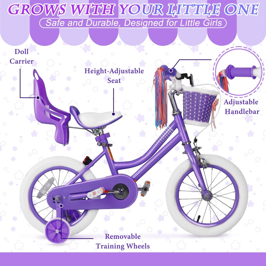 XJD Girls Bike for Toddlers 3-9 Years Old Kids, 14 Inch Kids Bike with Training Wheels, Streamers, Basket and Doll Seat, Children Bicycles with Handbrake