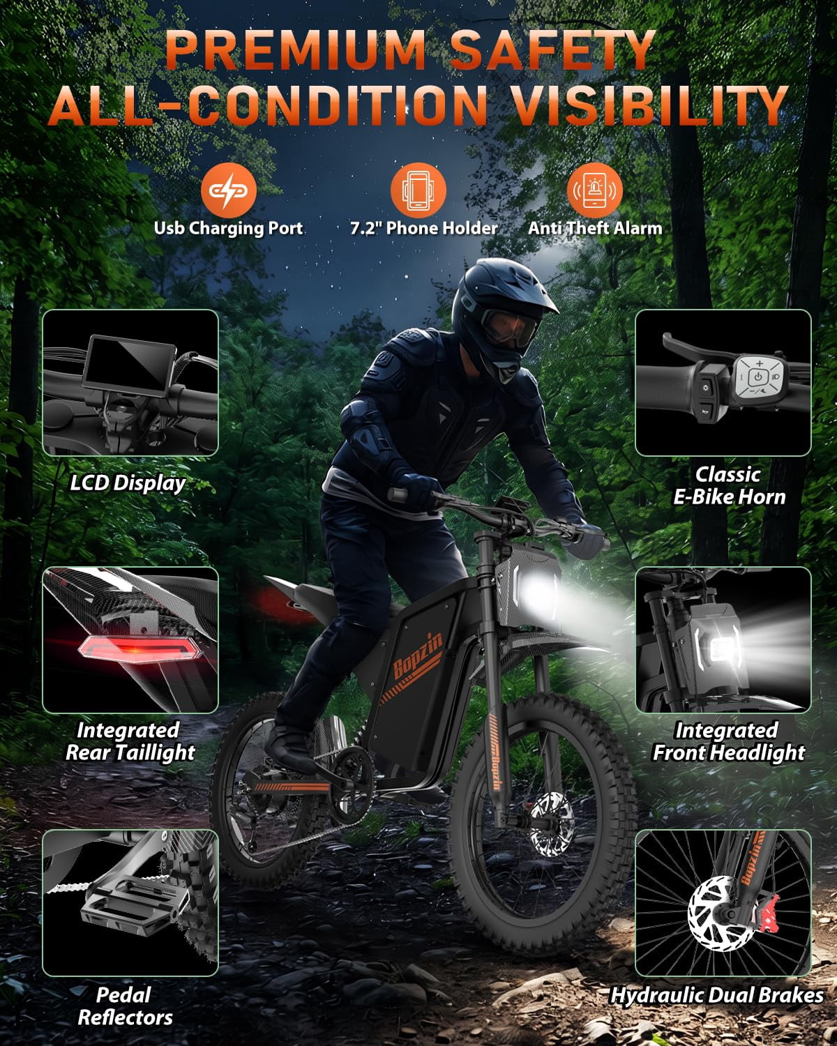 Bopzin Electric Dirt Bike for Adults, Smart App Anti-Theft, 60V 25Ah Up to 100 Miles, 3000W 20x3.0 Fat Tire Electric Bike UL2849