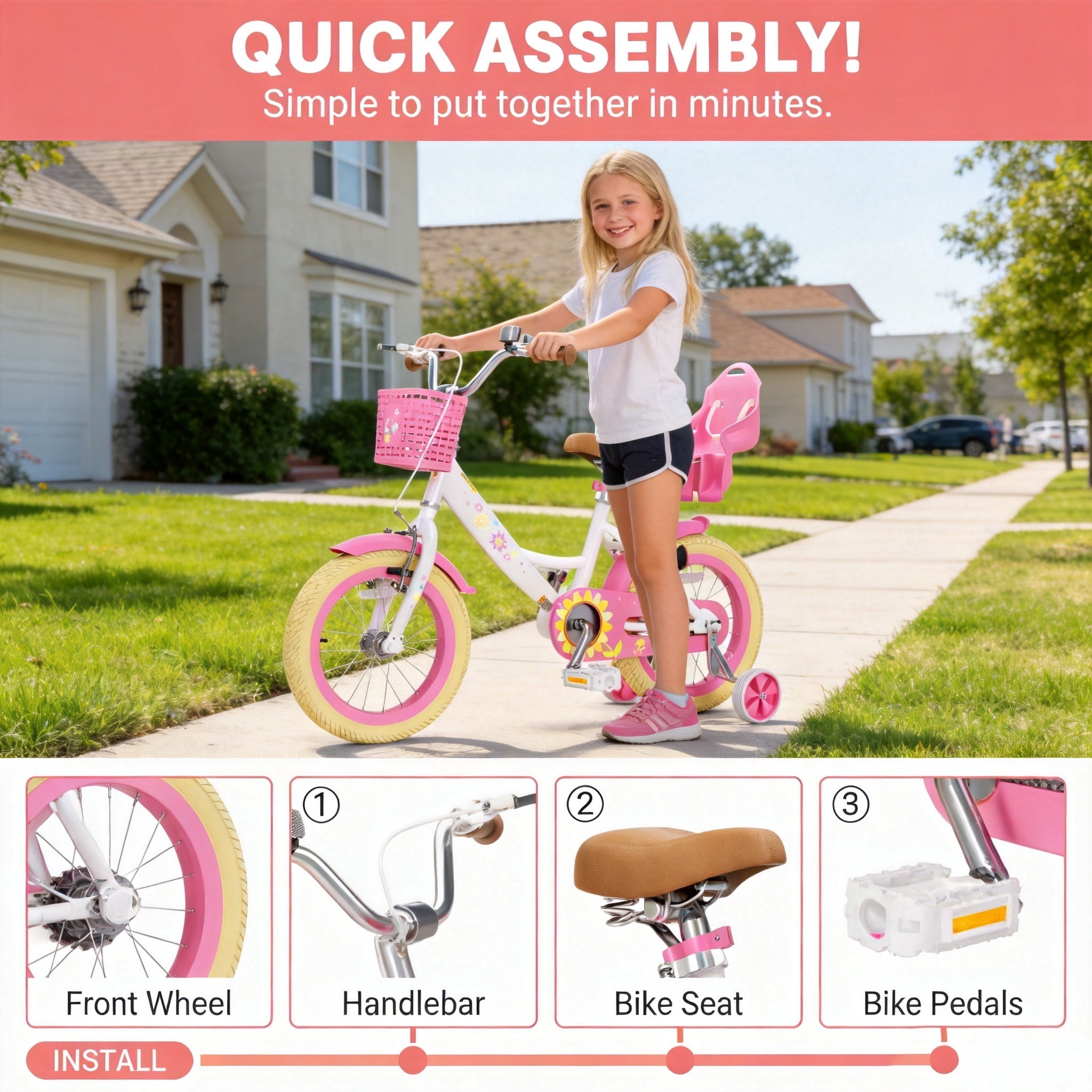 Korimefa Girls Bike for 3-9 Years Old Kids, 12 14 16 inch Kids Bike with Training Wheels, Basket and Doll Seat, Children Bicycles with Handbrake, Pink