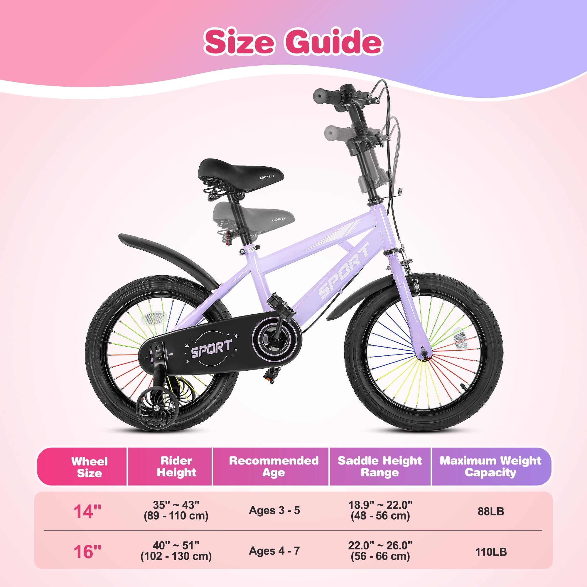 Lookfly 16 Kids Bike for Boys and Girls with Removable Training Wheels,Children's Cicycle,Purple