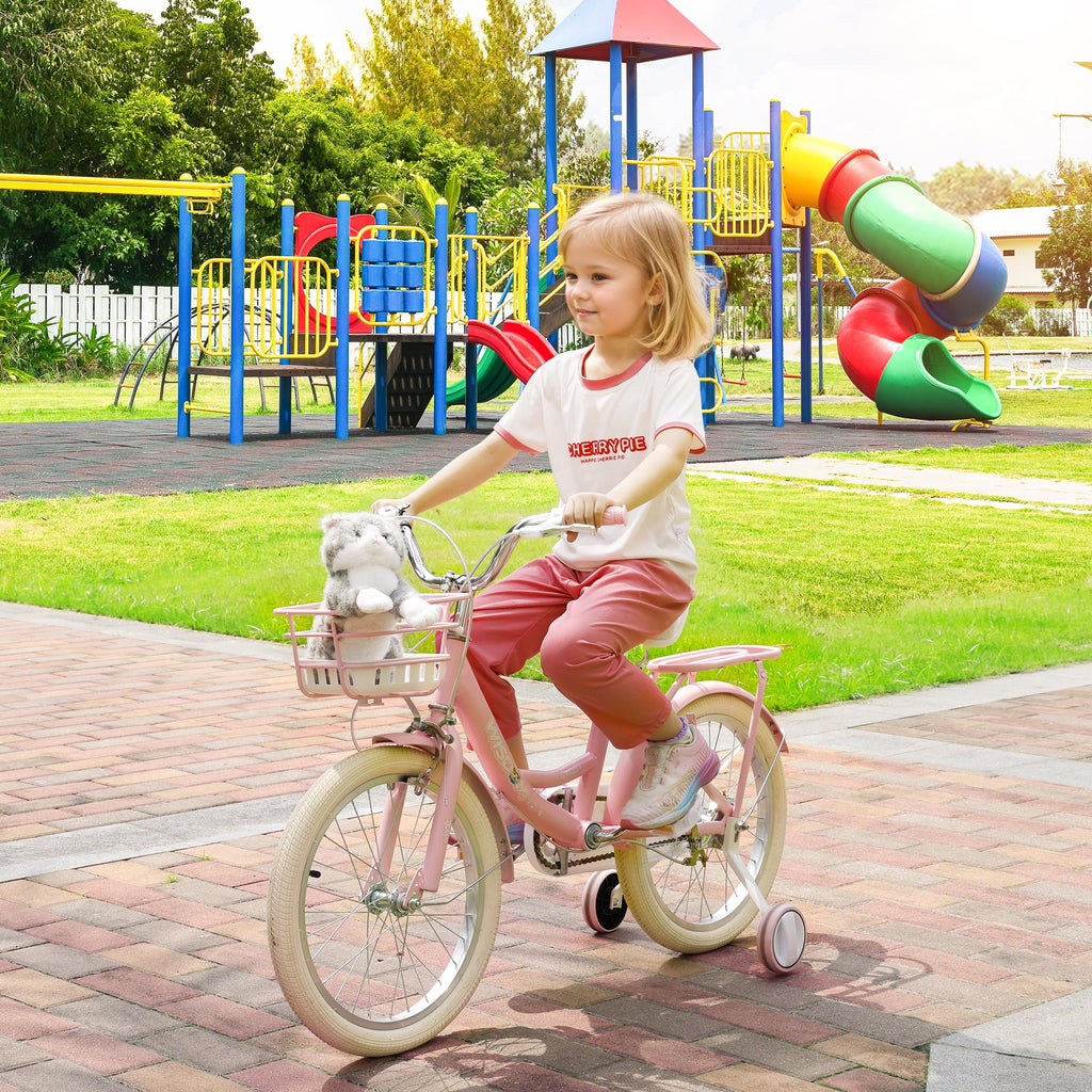 16/18 Inch Bike Kids Bicycle with Basket, Girls Bikes Ages 5-10, Kids Bicycles with Front and Rear Brakes, Kid Bike with Training Wheels, Kickstand, Rear Seat