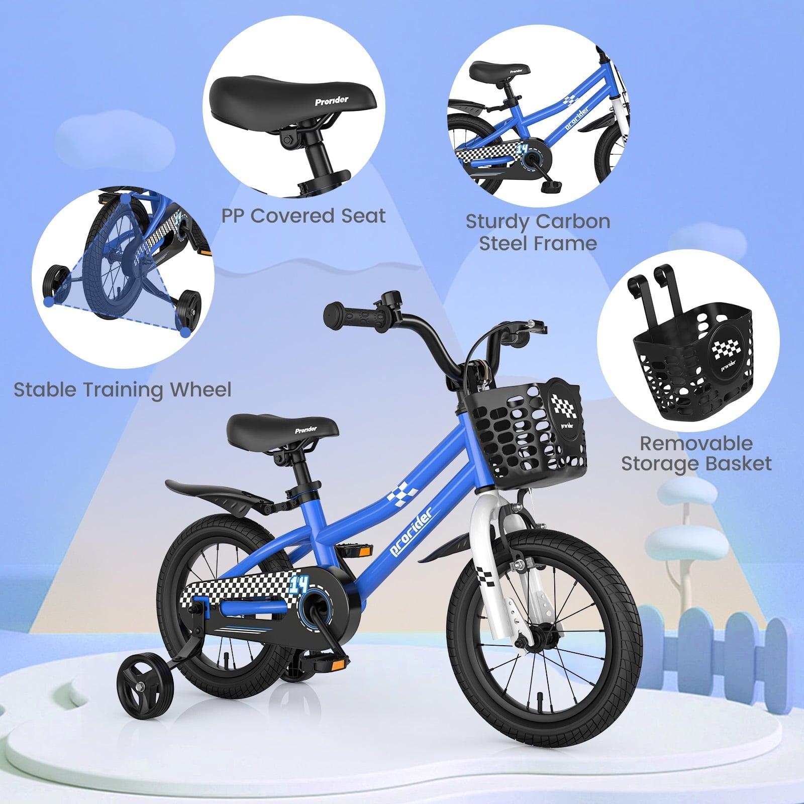 Costway 14'' Kid's Bike with Removable Training Wheels & Basket for 3-5 Years Old Blue