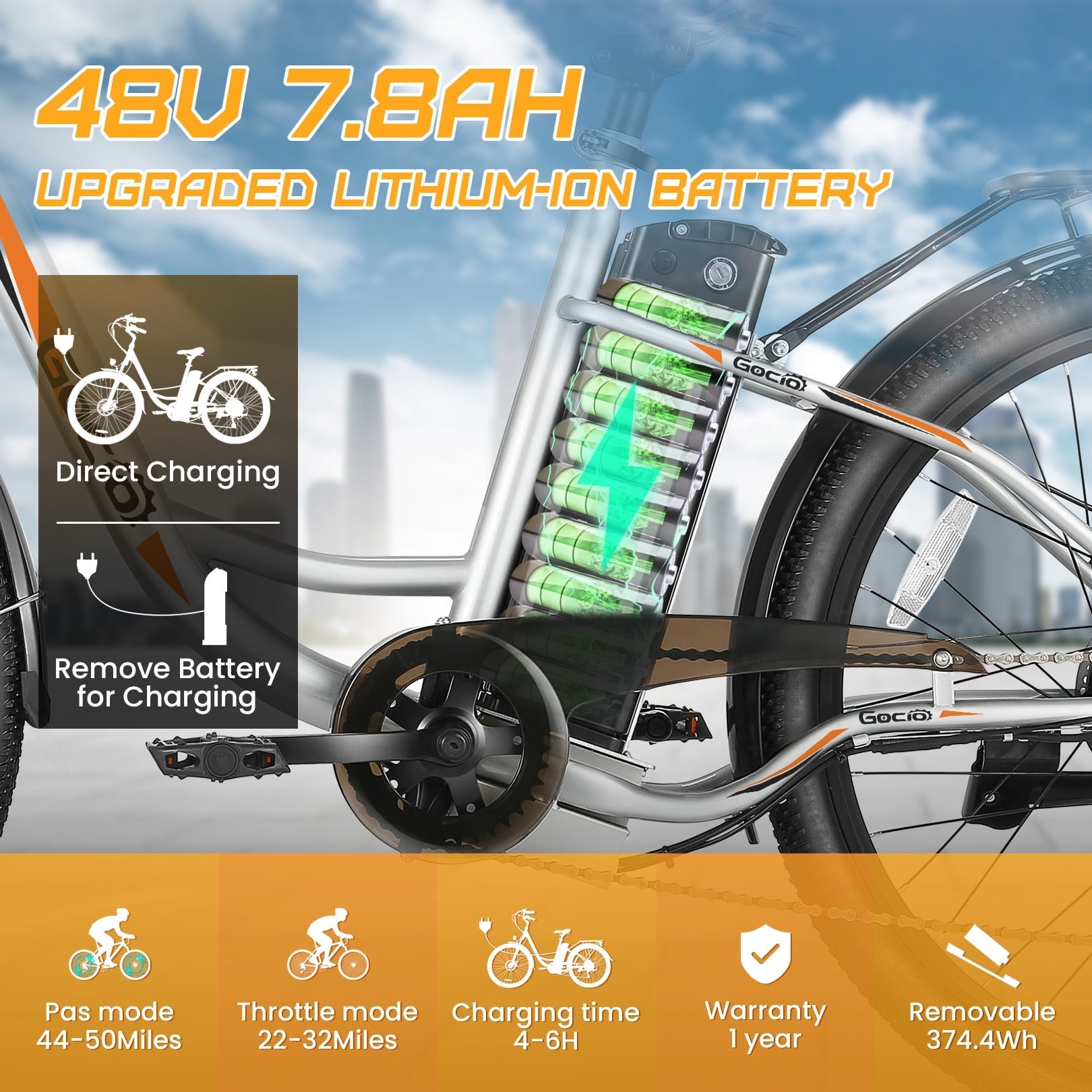 Gocio 26 Electric Bike for Adults, 500W Motor, City Commuter E-Bike, 48V 7.8Ah Removable Battery, Max 19.8Mph, 7 Speed, UL2849
