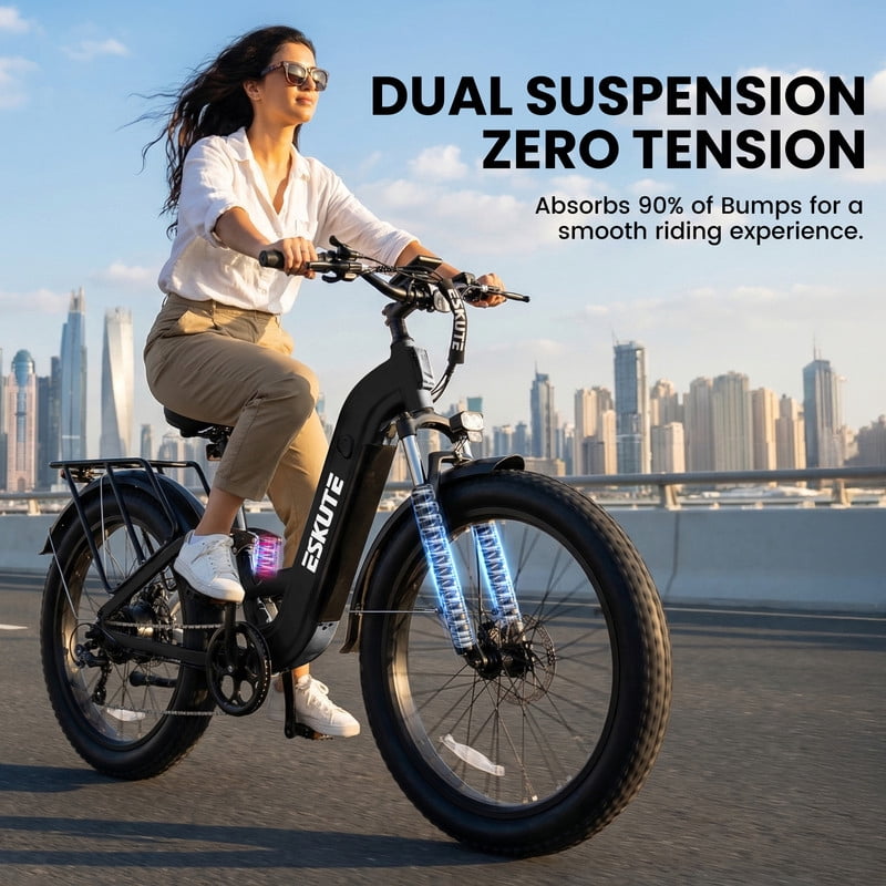 ESKUTE C300 1500W Electric Bike for Adults, 48V 20.8Ah Battery, 32MPH, 80 Miles Range, 26x4.0 Fat Tire Step-Thru Ebike, Full Suspension Electric Bicycle, 8-Speed Pink, UL2849