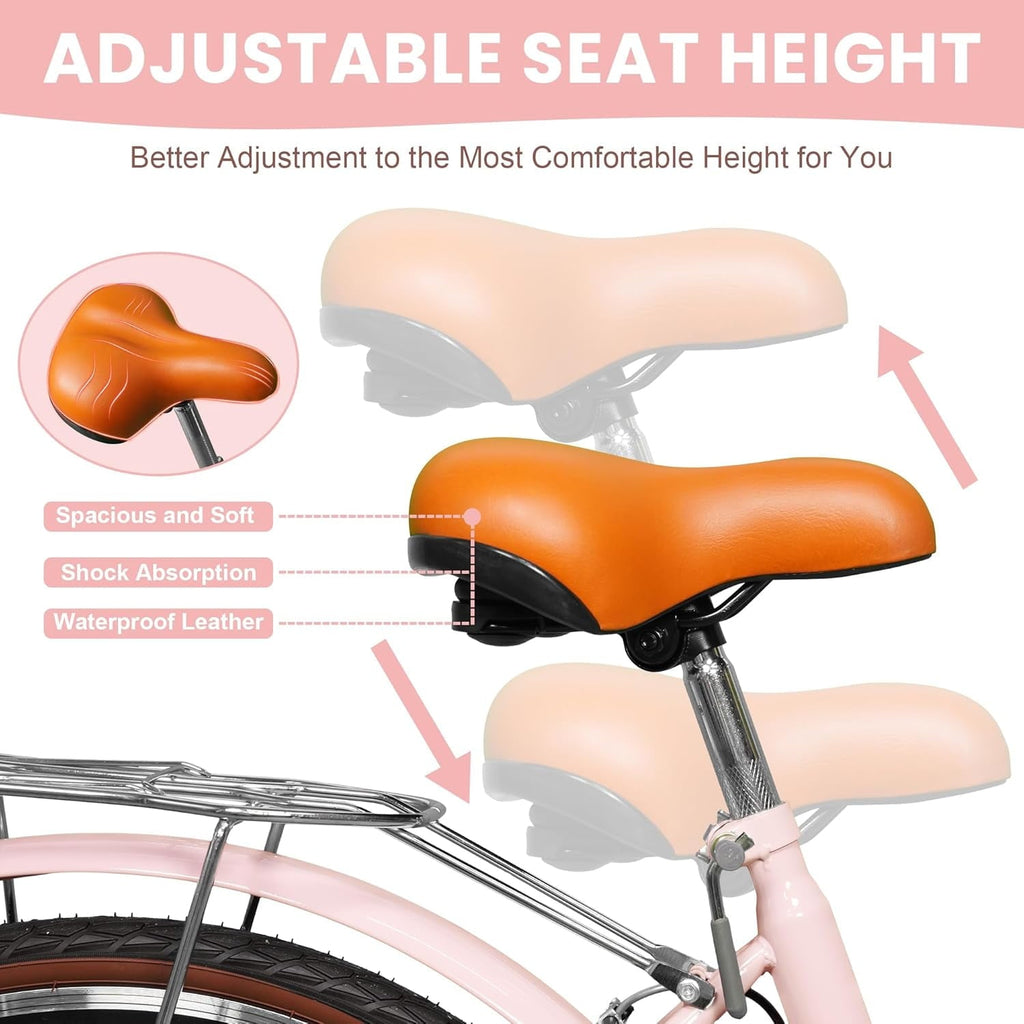 24 Beach Cruisers for Women, Pipleo Bikes for Women with Rattan Basket, 7-Speed & Step-Through Frame