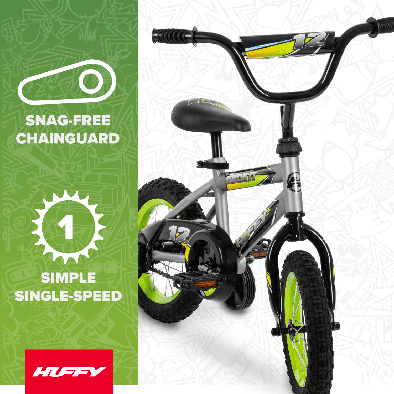 Huffy 12 Rock It Kids' Bike, Fits Riders 37 - 42, Gray/Green, Youth, Boys