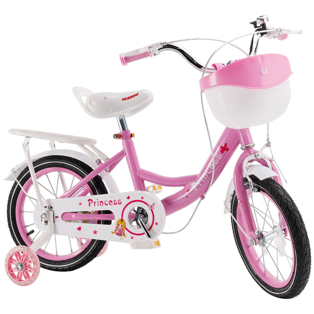 16 18 Inch Girls Bike for Toddlers and Kids Ages 4-9 Years Old, Kids Bike with Flashing Training Wheels & Basket, Girls Bicycle with Handbrake & Kickstand, Pink/Purple