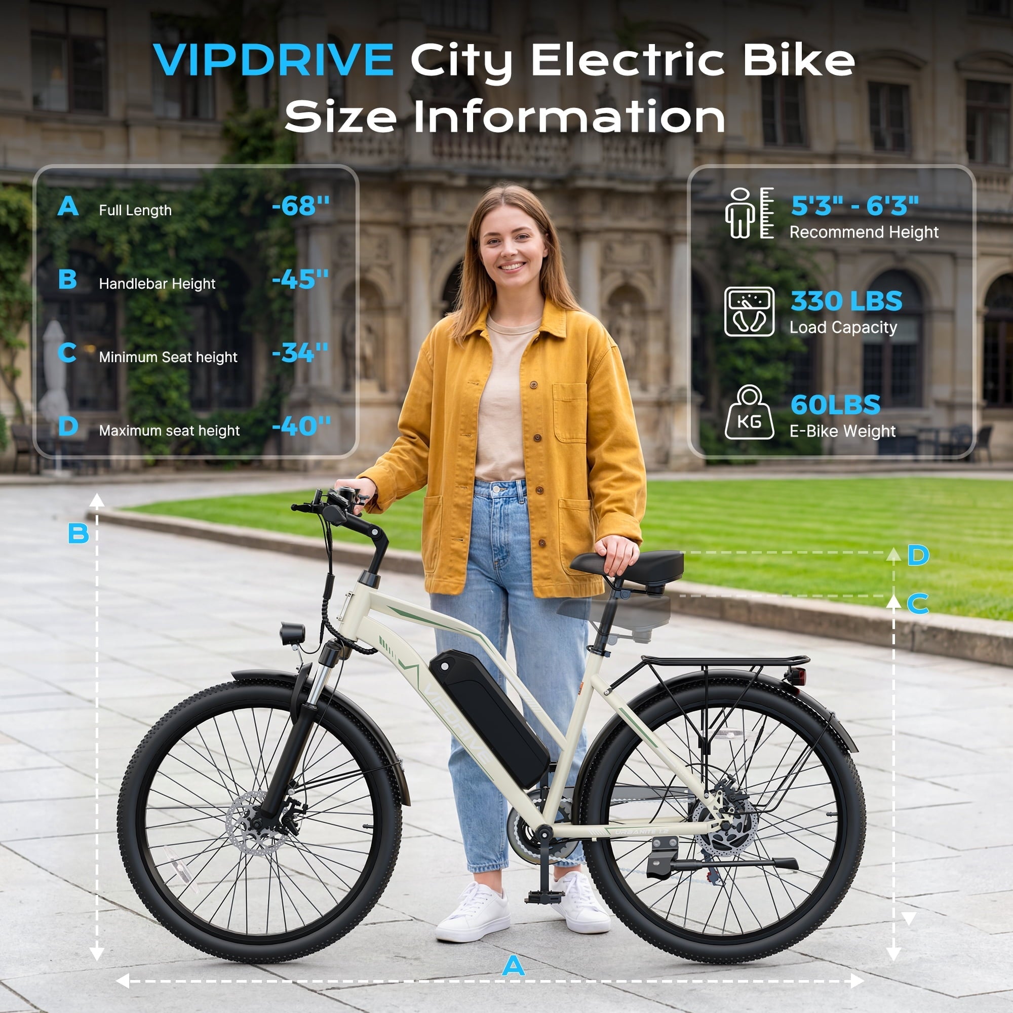 VIPDRIVE 26 Electric Bicycle for Adults & Women, Peak 750W Motor E-Bikes, 48V 7.8Ah Battery, 7-Speed, City Cruiser E-Bike, LCD Display, 50 Mi Range（UL2849）