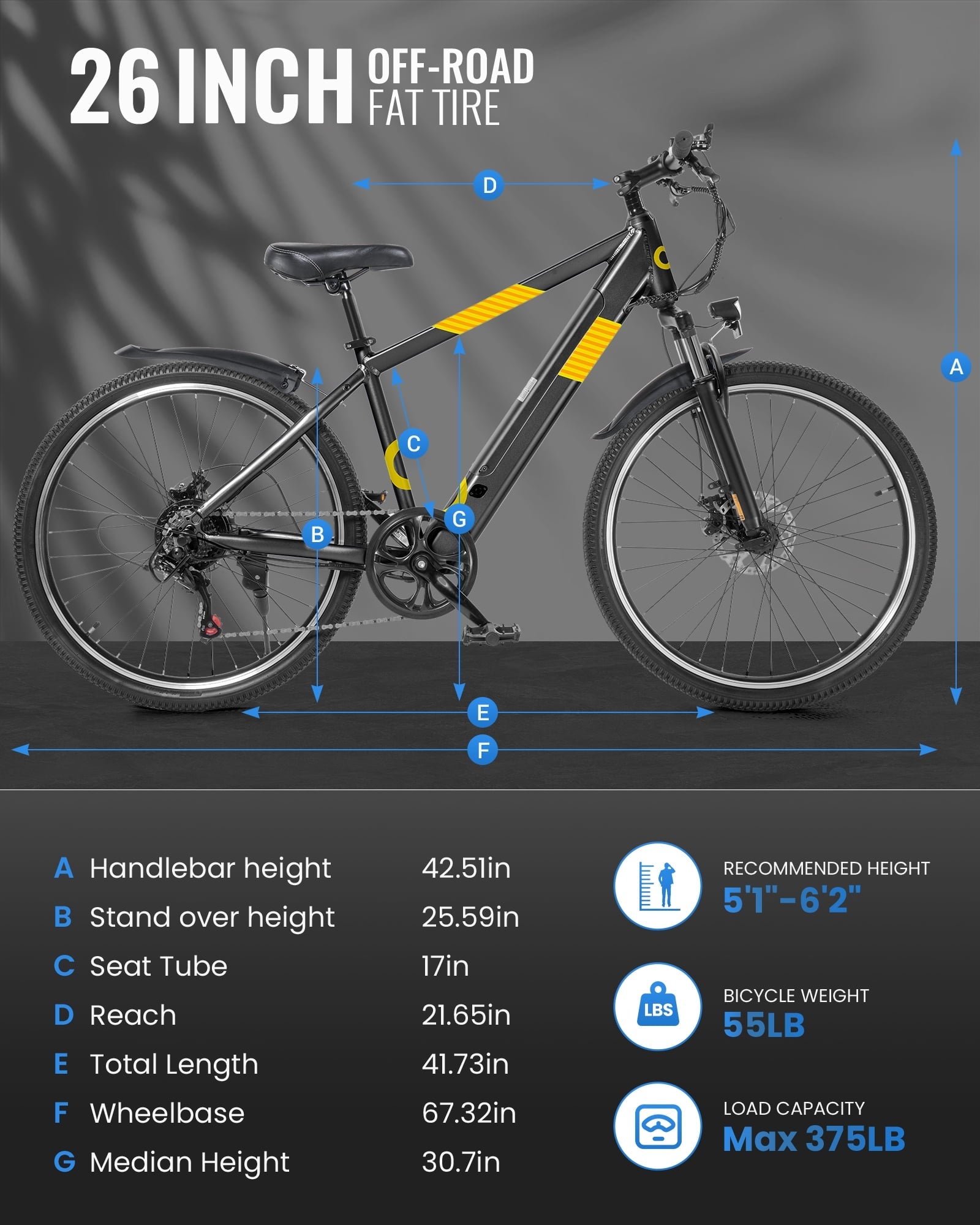 MIHOVER 26Electric Bike for Adults 350W 20MPH, 36V Removable Battery 7-Speed, UL2849 Certified City & Light Off-Road E-Bike with Lock -Black