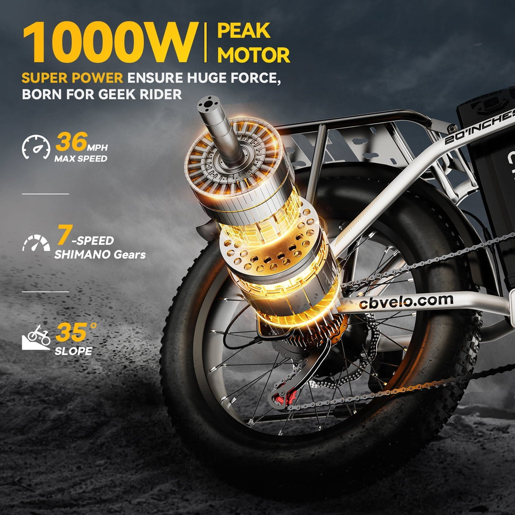Cbvelo 1000W Folding Electric Bike for Adults, 48V 20.8AH Large Removable Battery E-Bike, 30+MPH, 80 Miles Max Range, 20 Fat Tire Electric Bike for Adults, Adult Electric Bicycles for Commute