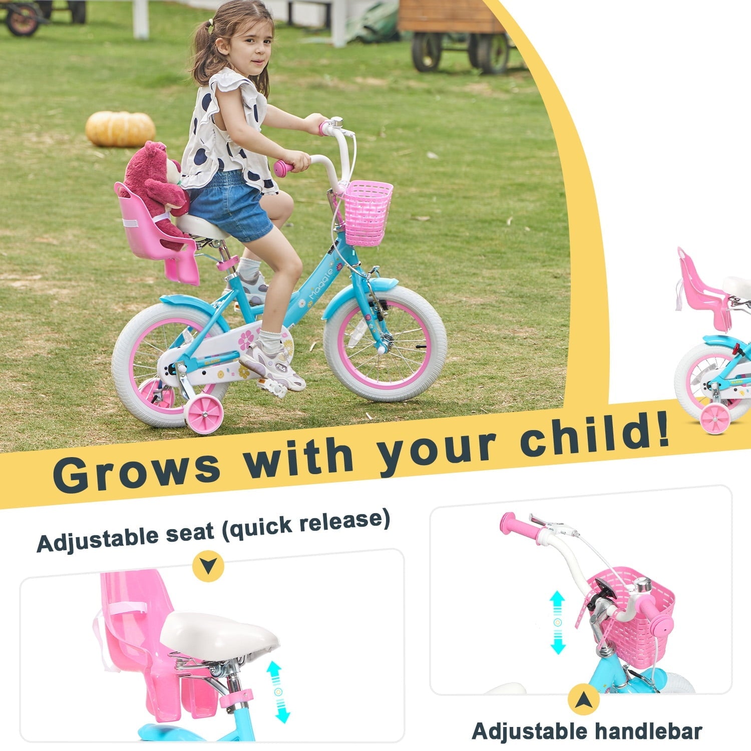 Glerc Maggie 14 inch Kids Girls Bike for Ages 3-5 Years Old Children, Princess Style Kids Bicycle with Doll-Seat & Basket & Training Wheels, Pink