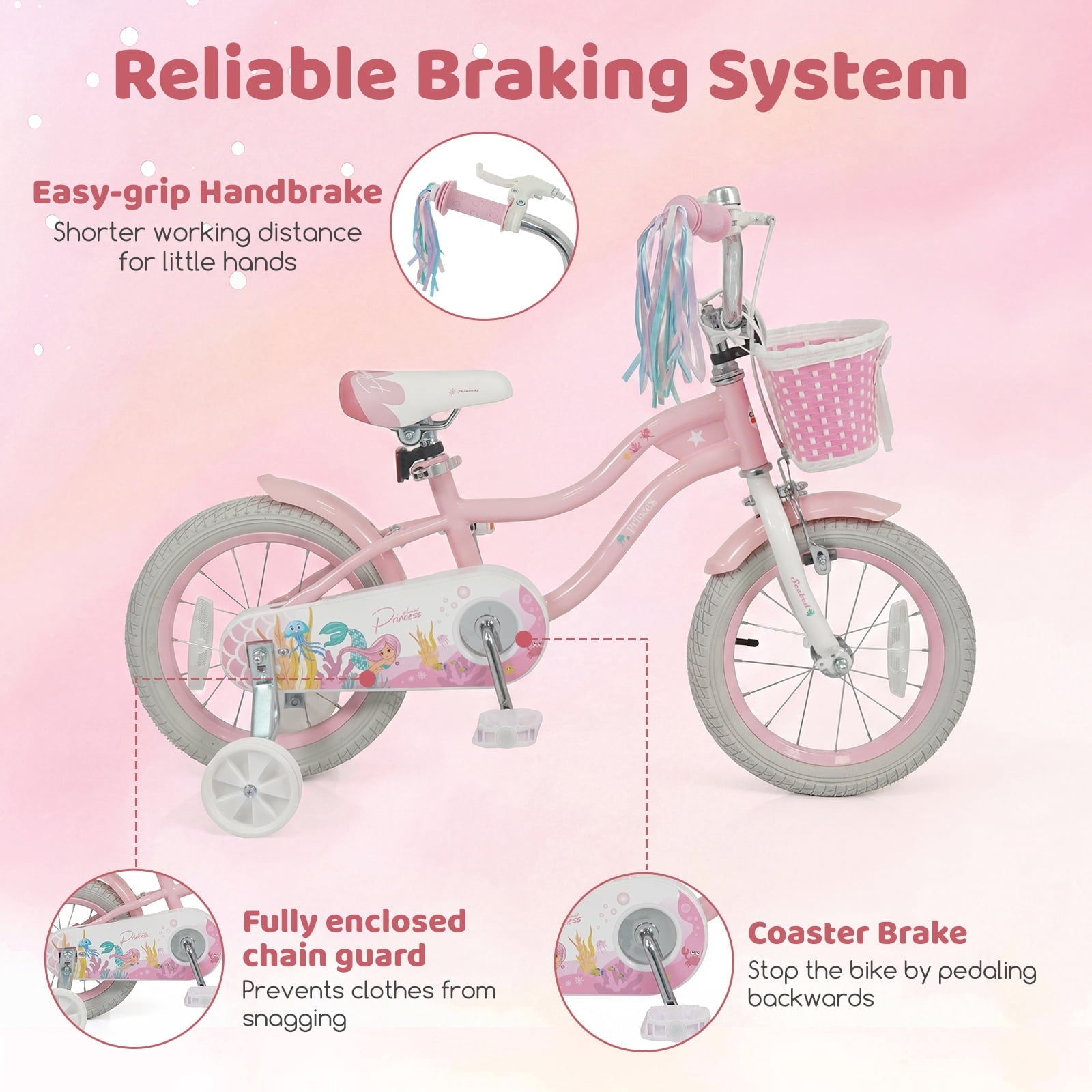 Costway 14 Kids Bike with Training Wheels Hand Coaster Brakes Adjustable Seat Handlebar Pink