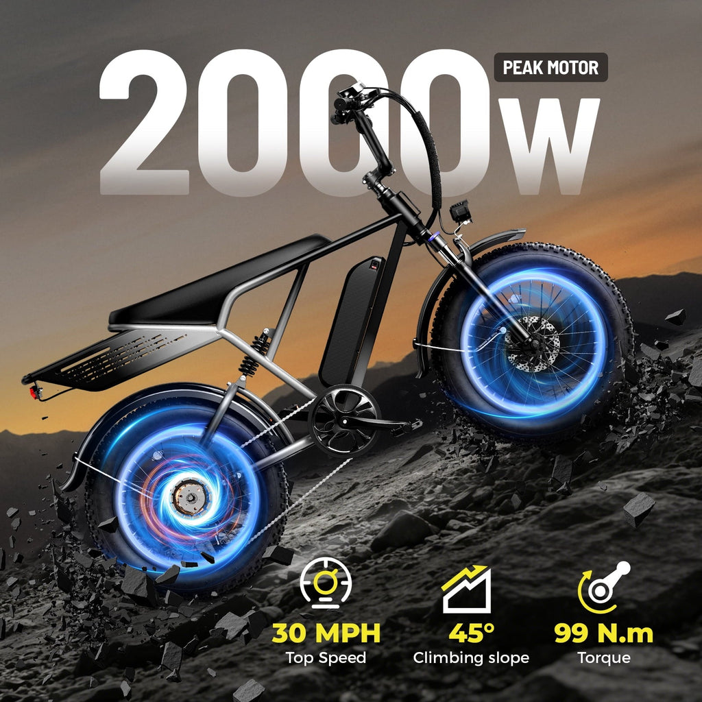 YareYi Electric Bike for Adults, 2000W Peak E-Mountain Bicycle, 20x4 Fat Tire 30mph Ebike, 48V 624Wh Removable Battery 70Miles Range, 7 Speed and Full Suspension UL2849