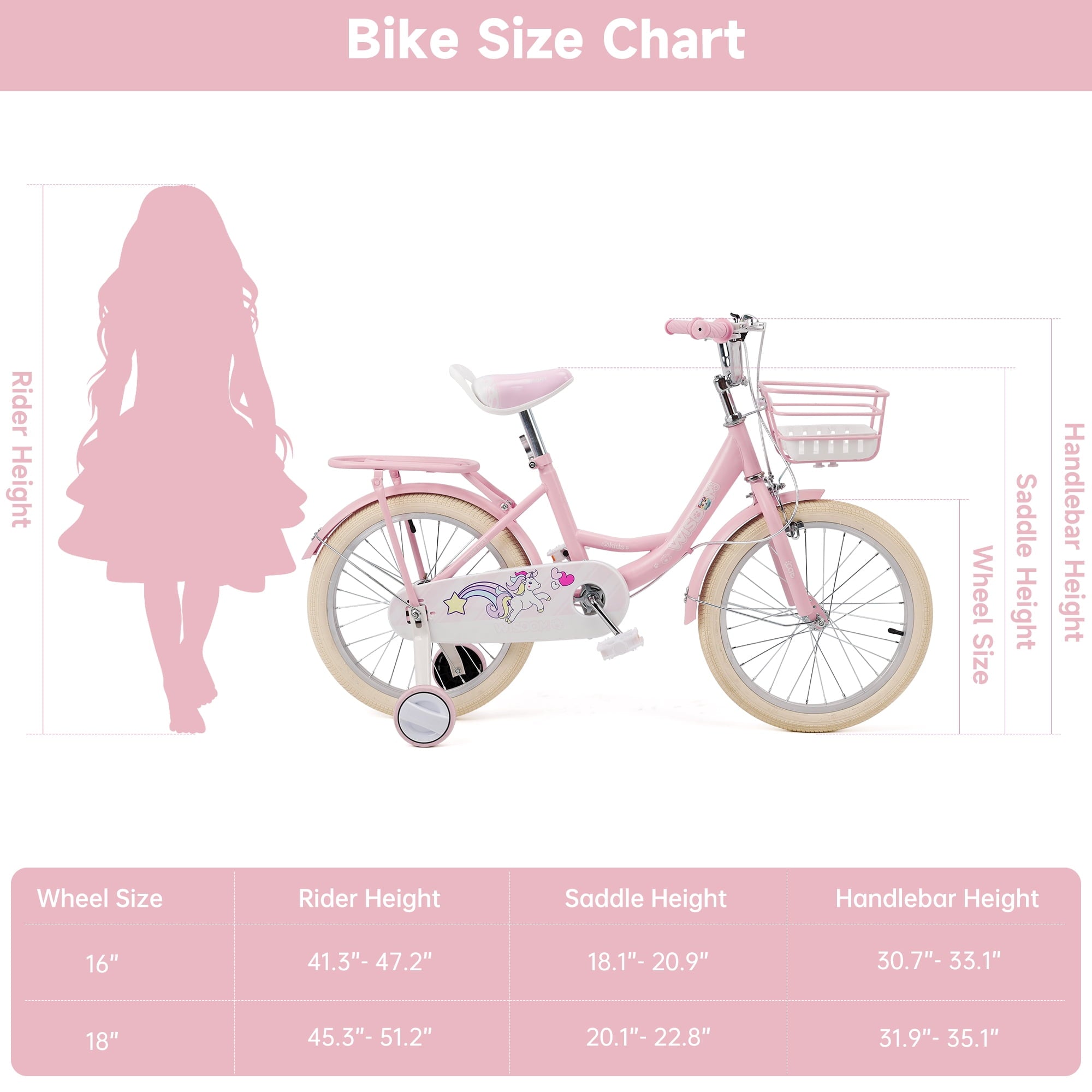 16/18 Inch Bike Kids Bicycle with Basket, Girls Bikes Ages 5-10, Kids Bicycles with Front and Rear Brakes, Kid Bike with Training Wheels, Kickstand, Rear Seat